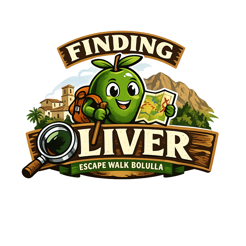 A cartoon green olive character with a backpack, holding a walking stick and a map, smiling, with mountains and buildings in the background. The text says 'Finding Oliver' and 'Escape Walk Bolulla' with a magnifying glass.