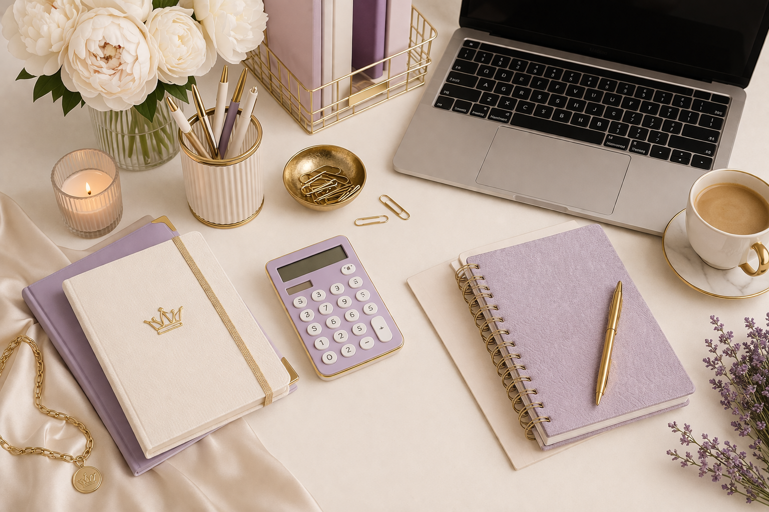 A desk setup with a MacBook laptop, purple notebooks, a gold pen, a lavender calculator, a cup of coffee, a candle, white peonies in a glass vase, a gold-patterned tray with files, gold paper clips, pens, and lavender flowers.