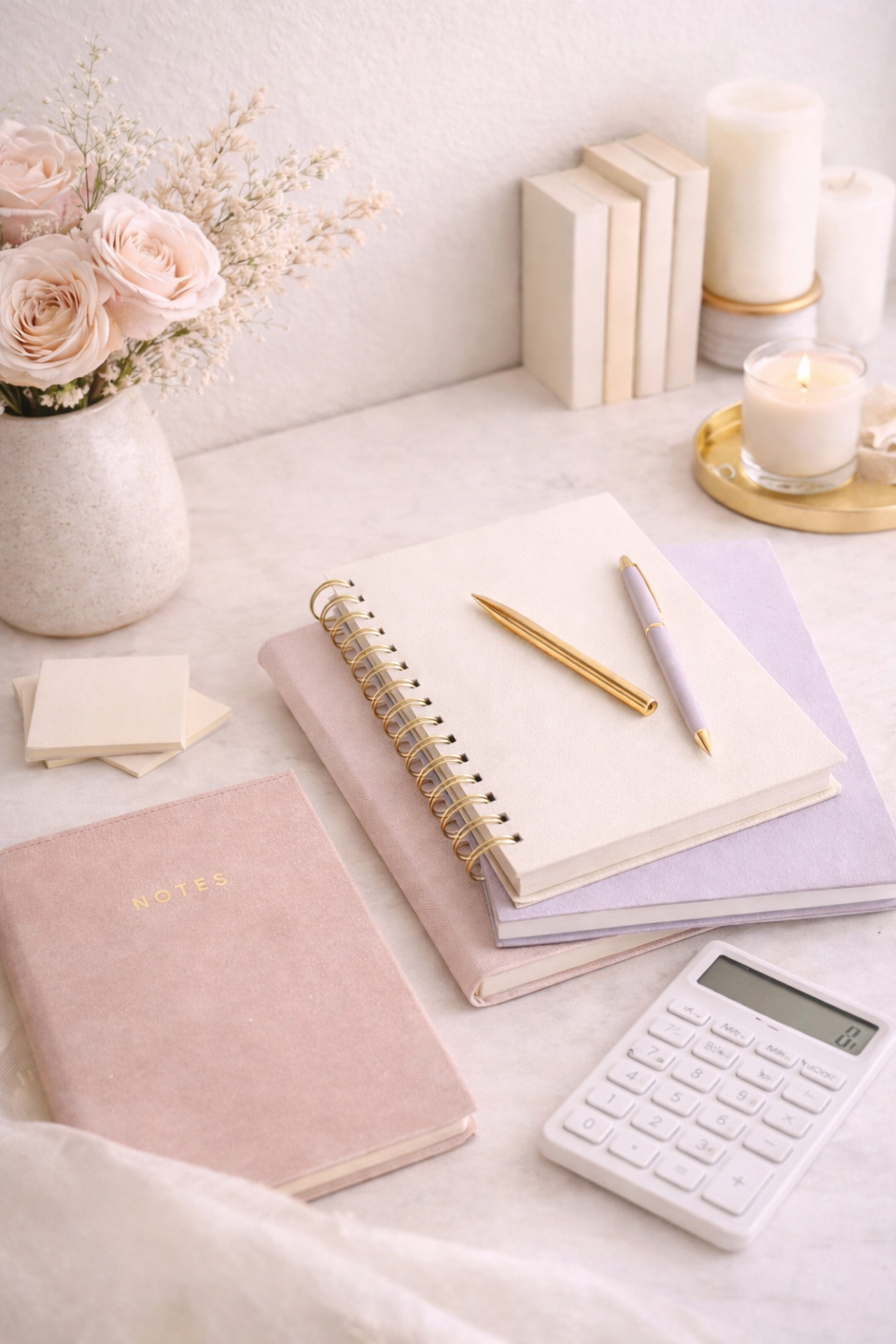 A neatly arranged workspace with a vase of pink roses, candles, notebooks, a pen, a calculator, and sticky notes on a white desk with soft lighting.
