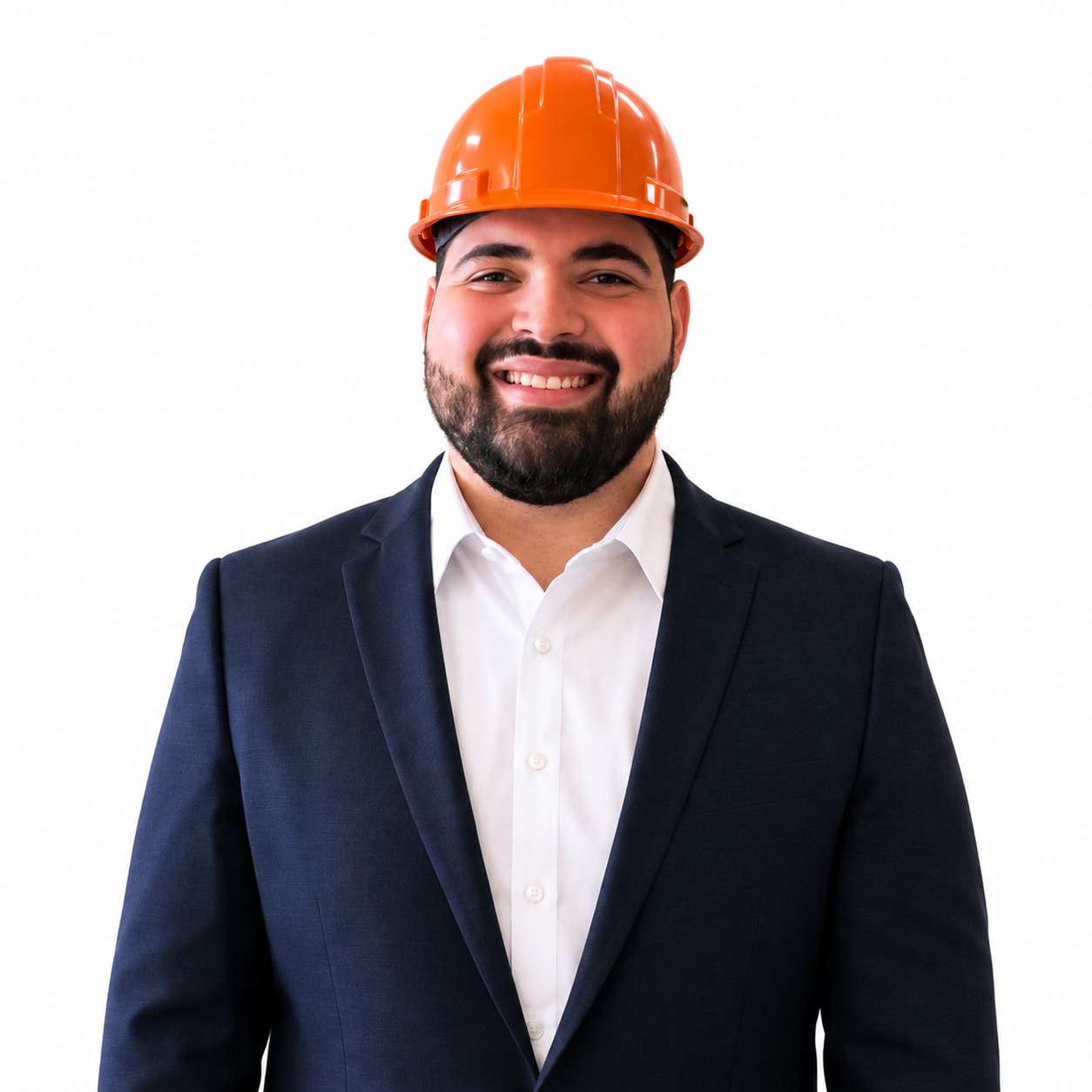 A man in a navy suit and white shirt wearing an orange construction helmet, smiling against a white background.