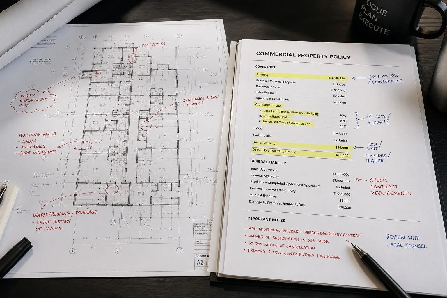 An architectural blueprint with handwritten notes and a printed commercial property policy sheet. The blueprint shows a building layout with annotations in red ink about costs, law limits, and waterproofing. The policy sheet details coverage, liability, and notes for construction insurance, with some items highlighted in yellow and comments in blue or red ink. A black mug with the words 'FOCUS. PLAN. EXECUTE.' is also visible.