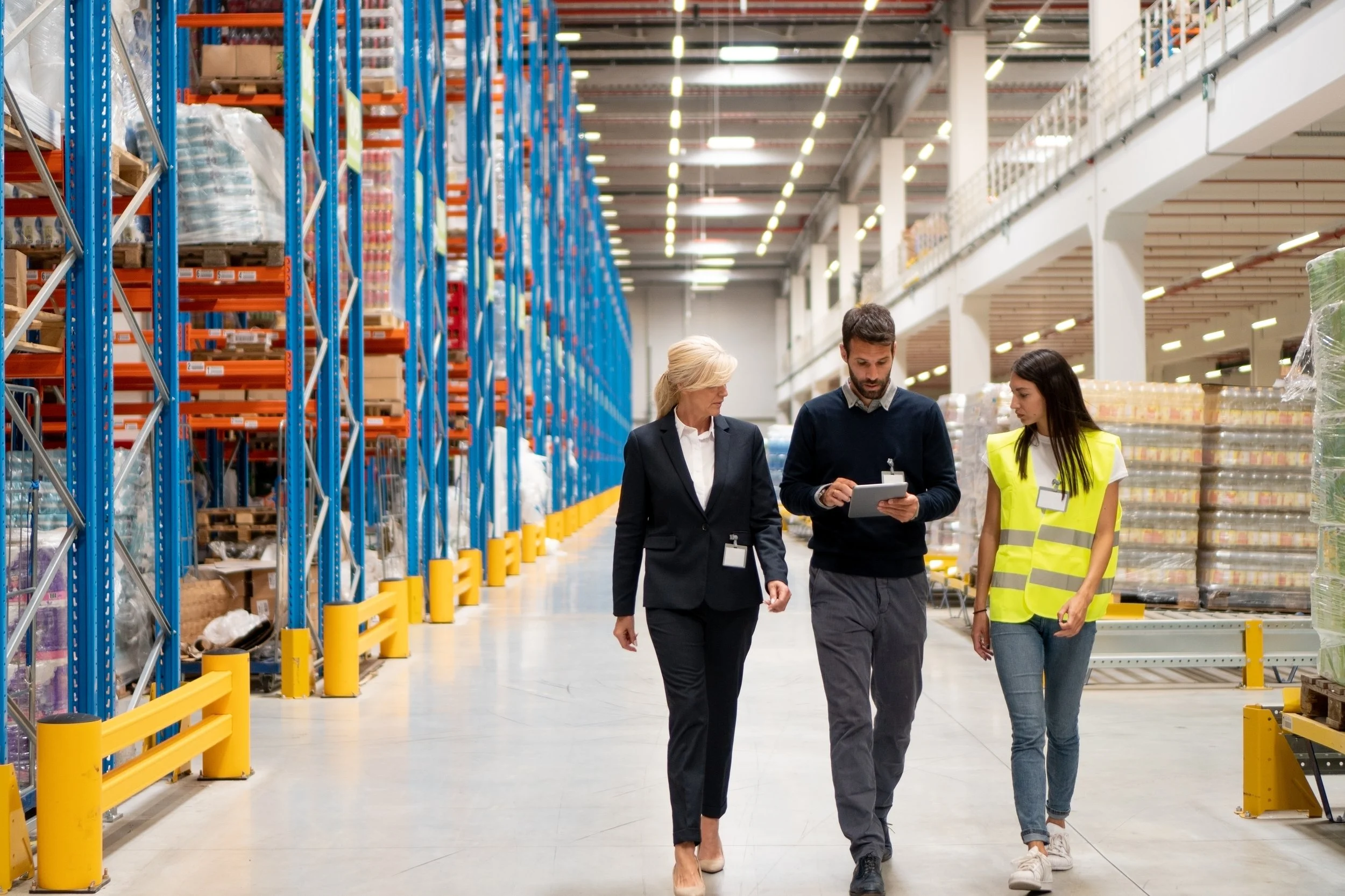 Three people walking through a large warehouse or store. The woman on the left is dressed in business attire, while the man in the middle and the woman on the right are wearing work or safety vests. Shelves filled with products are visible on the left and back, with bright overhead lighting.