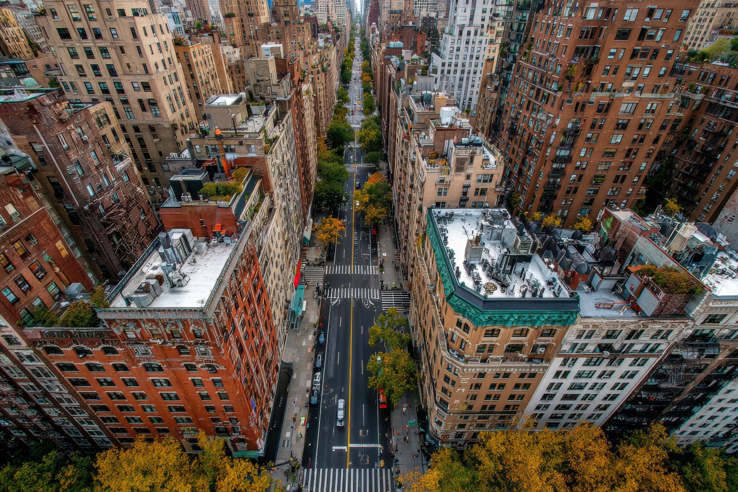 Aerial view of a city street in New York City with tall apartment buildings on both sides, trees lining the street, and cars parked along the curbs.