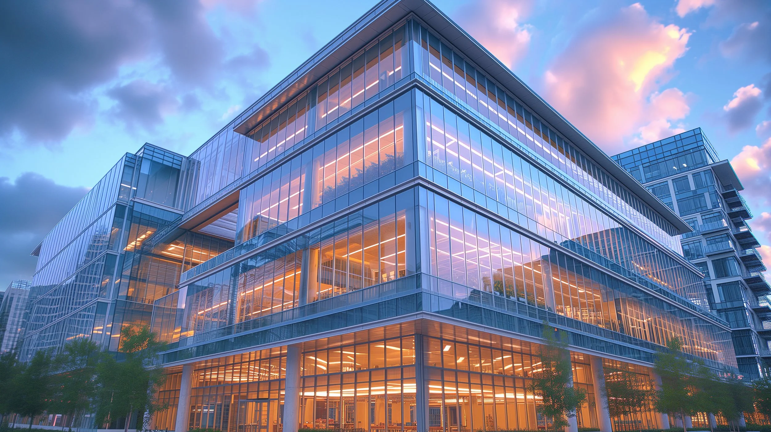 A modern multi-story glass office building with illuminated interior spaces during sunset, with a cloudy sky in the background.