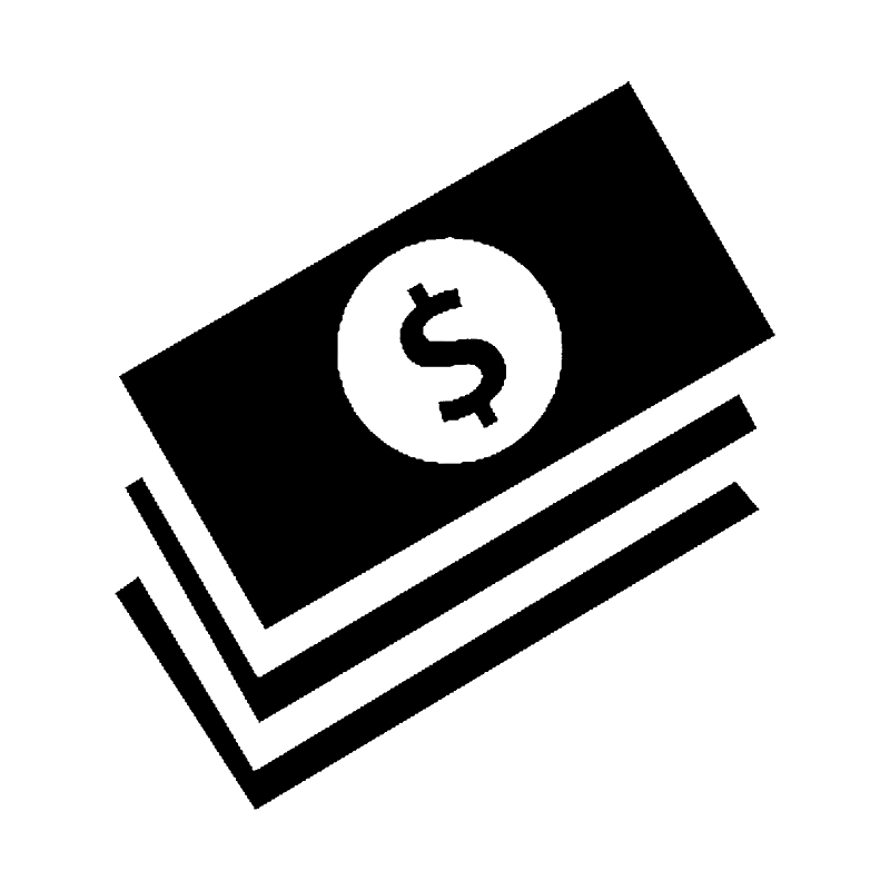 Stack of dollar bills with a dollar sign on the top bill.