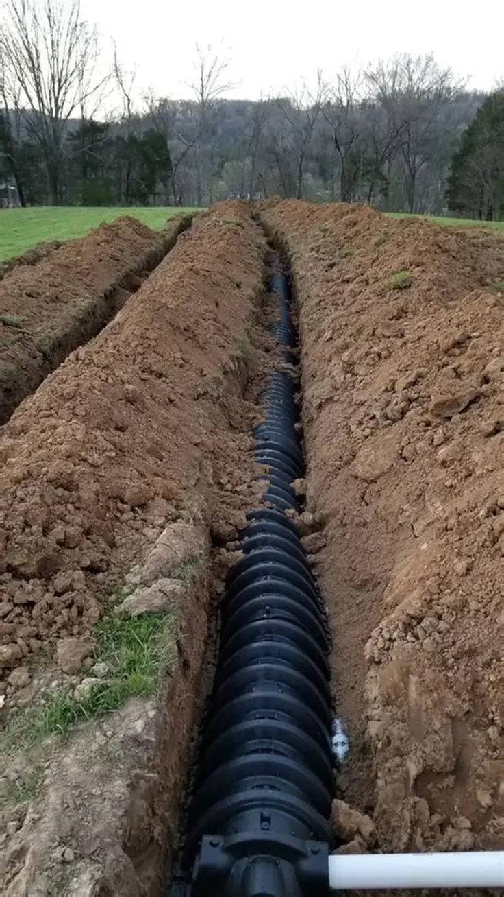 A large black drainage pipe being installed in a long trench in a grassy area, with trees in the background.