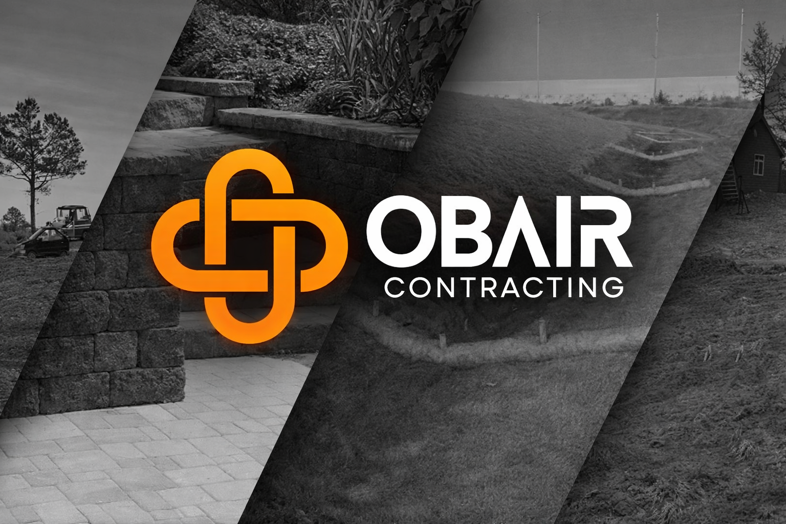 Logo of Obar Contracting with an orange geometric symbol and black and white background images of landscaping and construction sites.