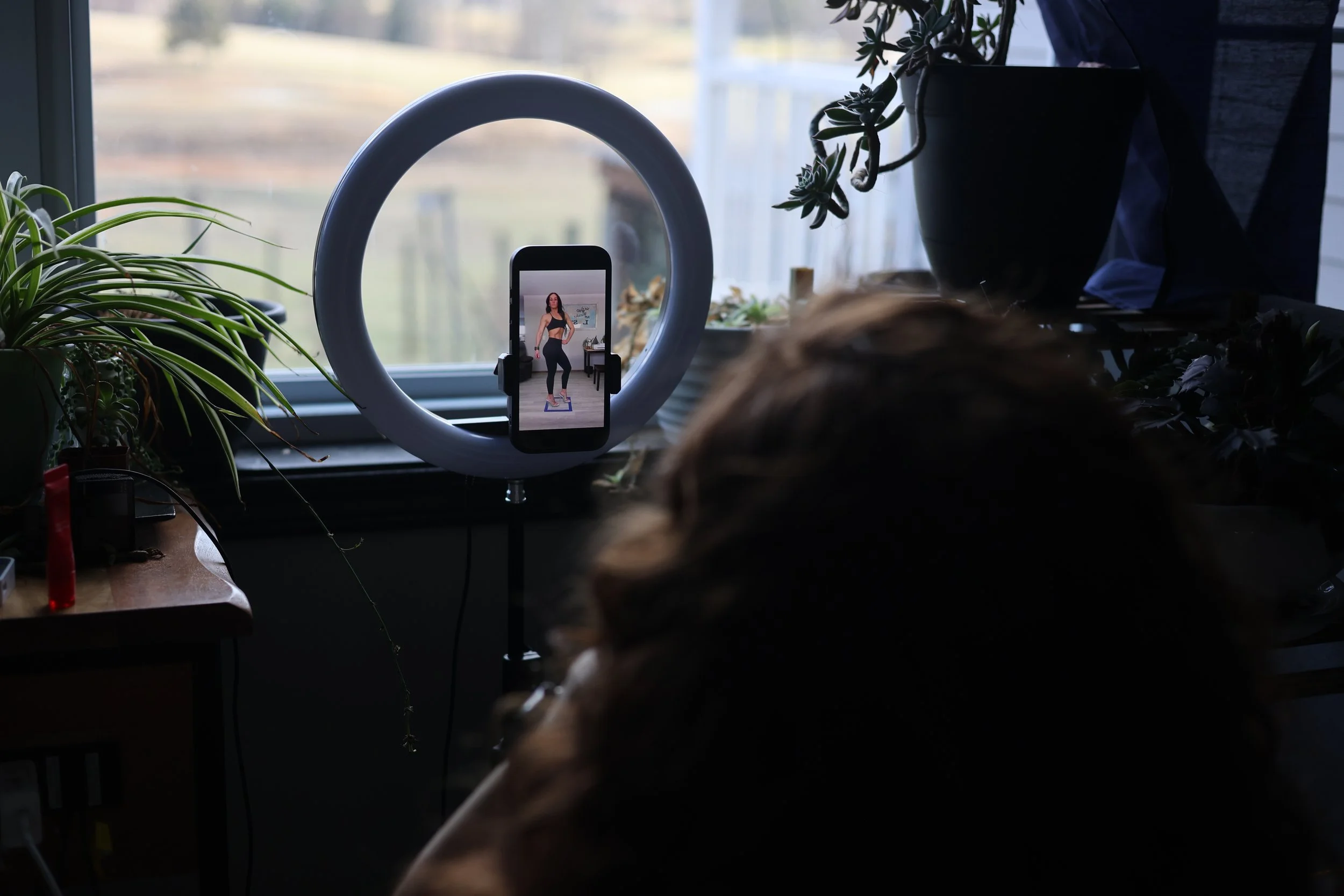 Person with curly hair taking a selfie in front of a ring light, with a phone displaying their image, indoors near a window with plants around.