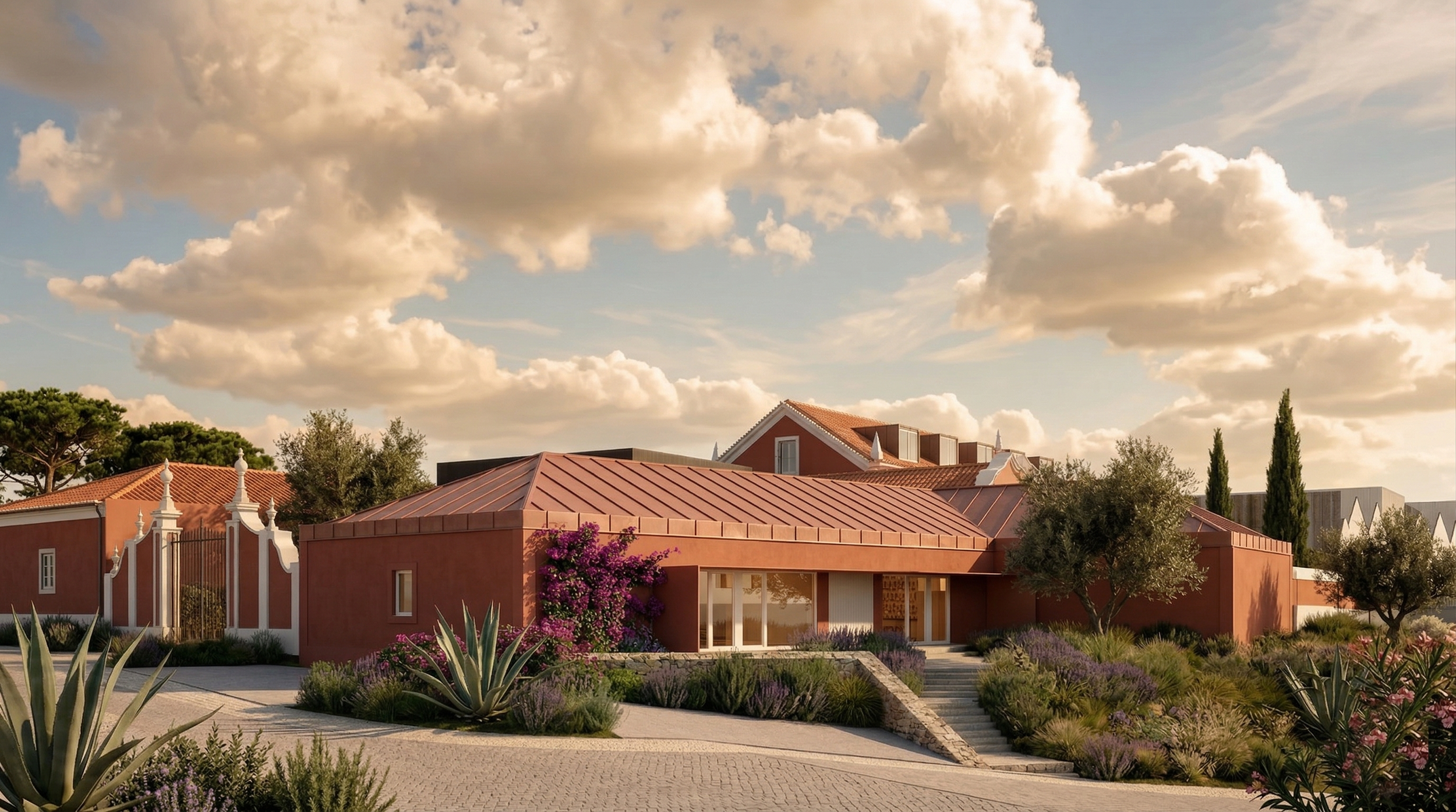 A modern house with a red rooftop and desert landscape in the foreground, featuring various desert plants, trees, and flowers. The sky is partly cloudy with large, fluffy clouds.