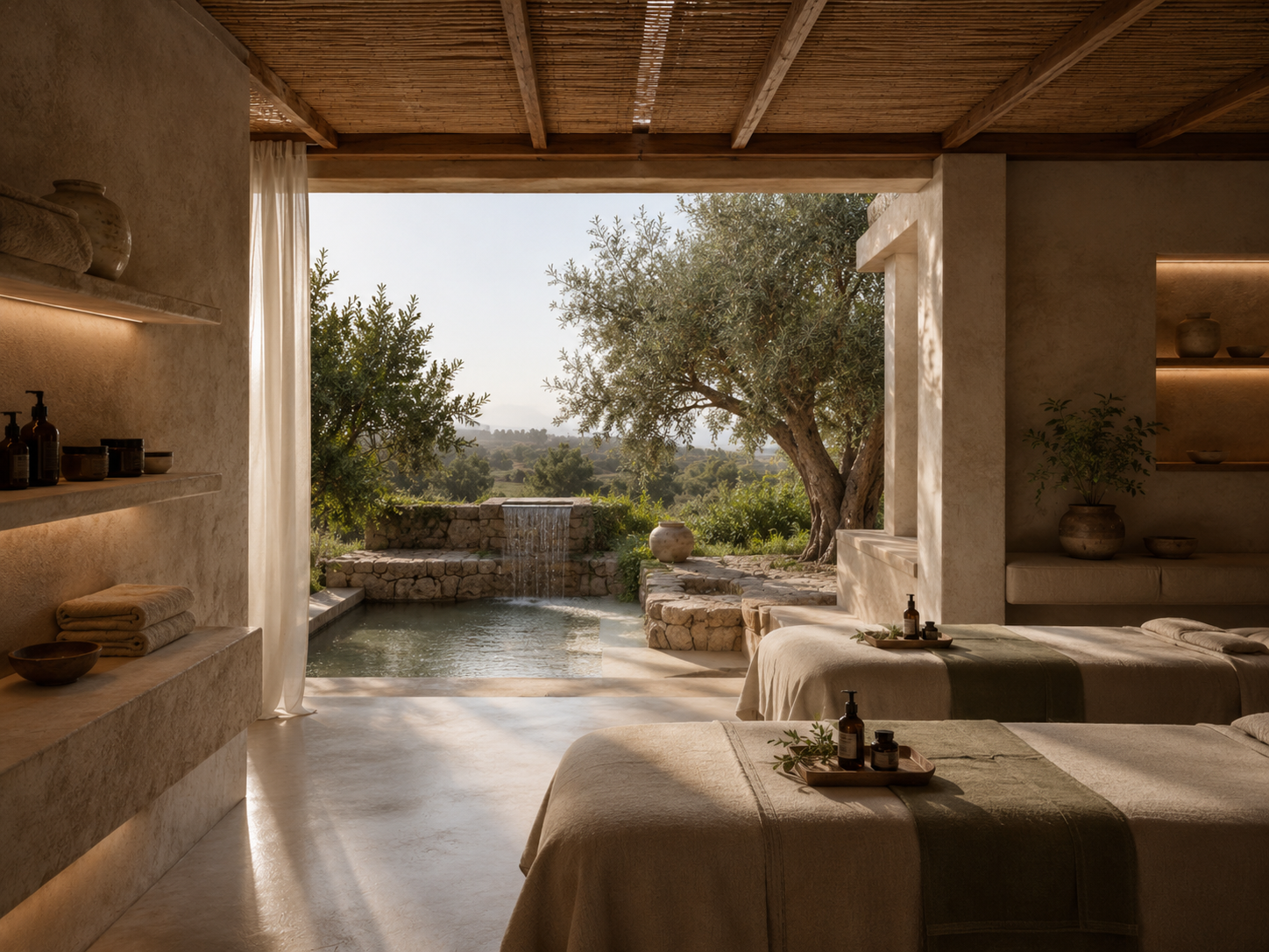 A luxurious massage room with two massage tables in the foreground, each with bottles of massage oil and towels. The open wall reveals an outdoor scene with trees, a stone water fountain, and a natural landscape beyond, creating a serene and relaxing atmosphere.