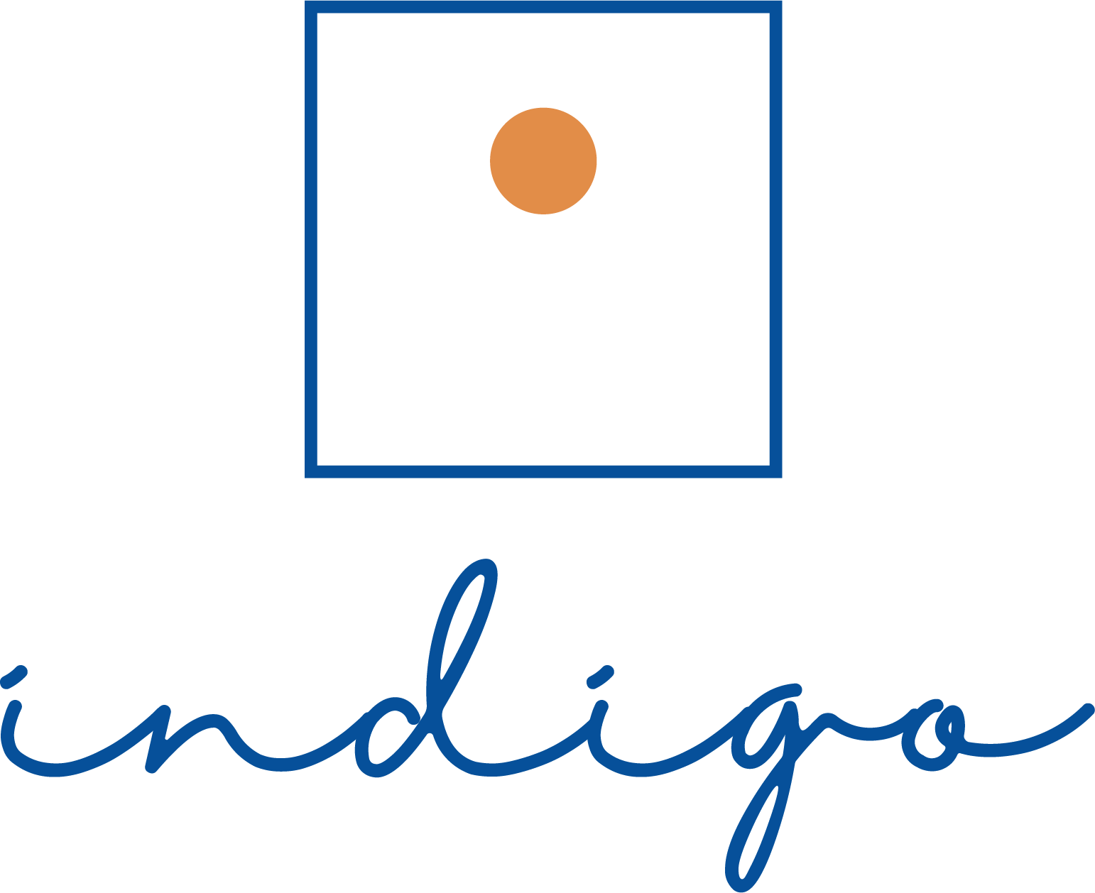 Illustration of a black square with a brown circle in the center, framed by a blue border, and the word 'Indiana' written in cursive below.