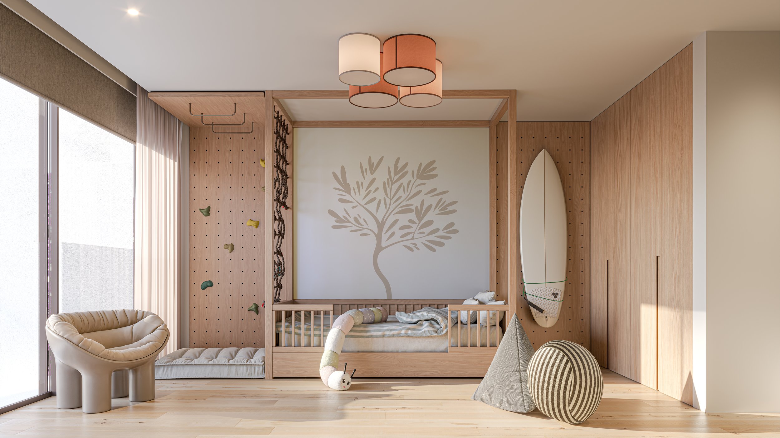 Modern children's bedroom with a wooden crib, climbing wall, and wall art of a tree. Natural light from large window, neutral tones, and cozy decor.