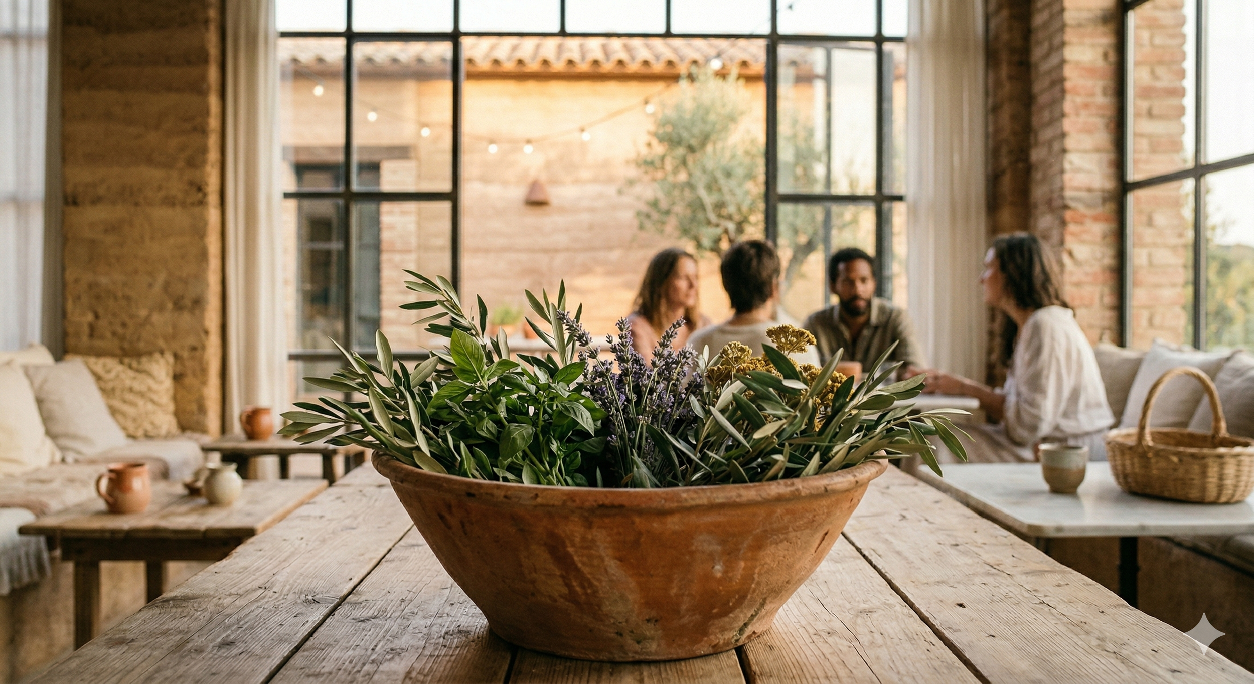 Indoor scene of four people sitting at a table near large windows with brick walls visible outside in a cozy, well-lit interior. The foreground features a large potted plant with green leaves and purple flowers on a rustic wooden table.