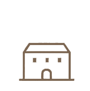 A simple drawing of a house with a rectangular shape, two windows, a door, and a flat roof.