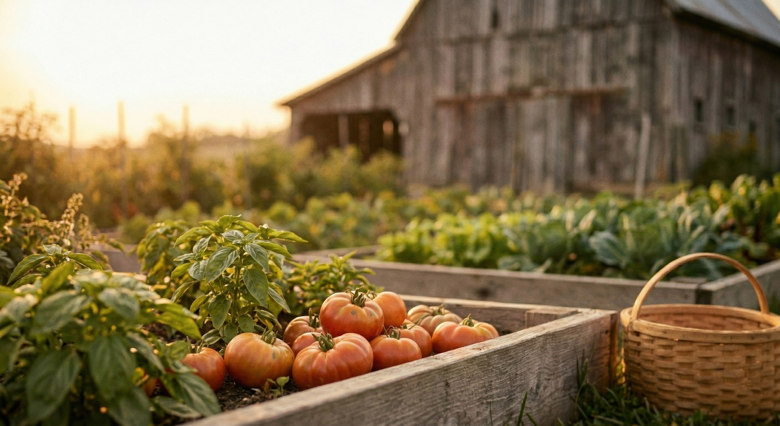 A wooden garden bed with ripe tomatoes and green plants, with a rustic barn and sunset in the background.