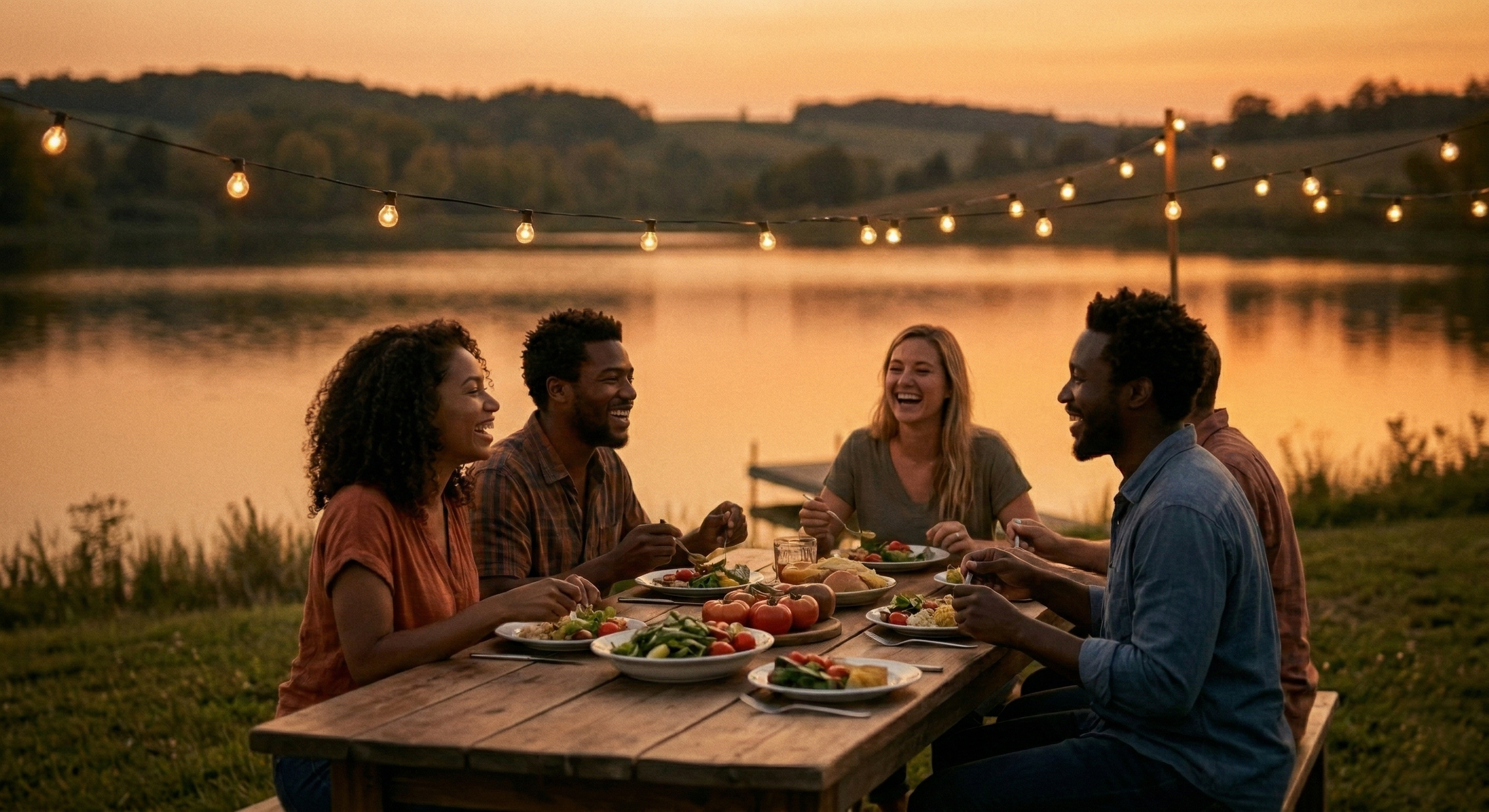 Group of five young adults enjoying dinner outdoors at sunset, sitting at a table with food, trees, and string lights in the background.