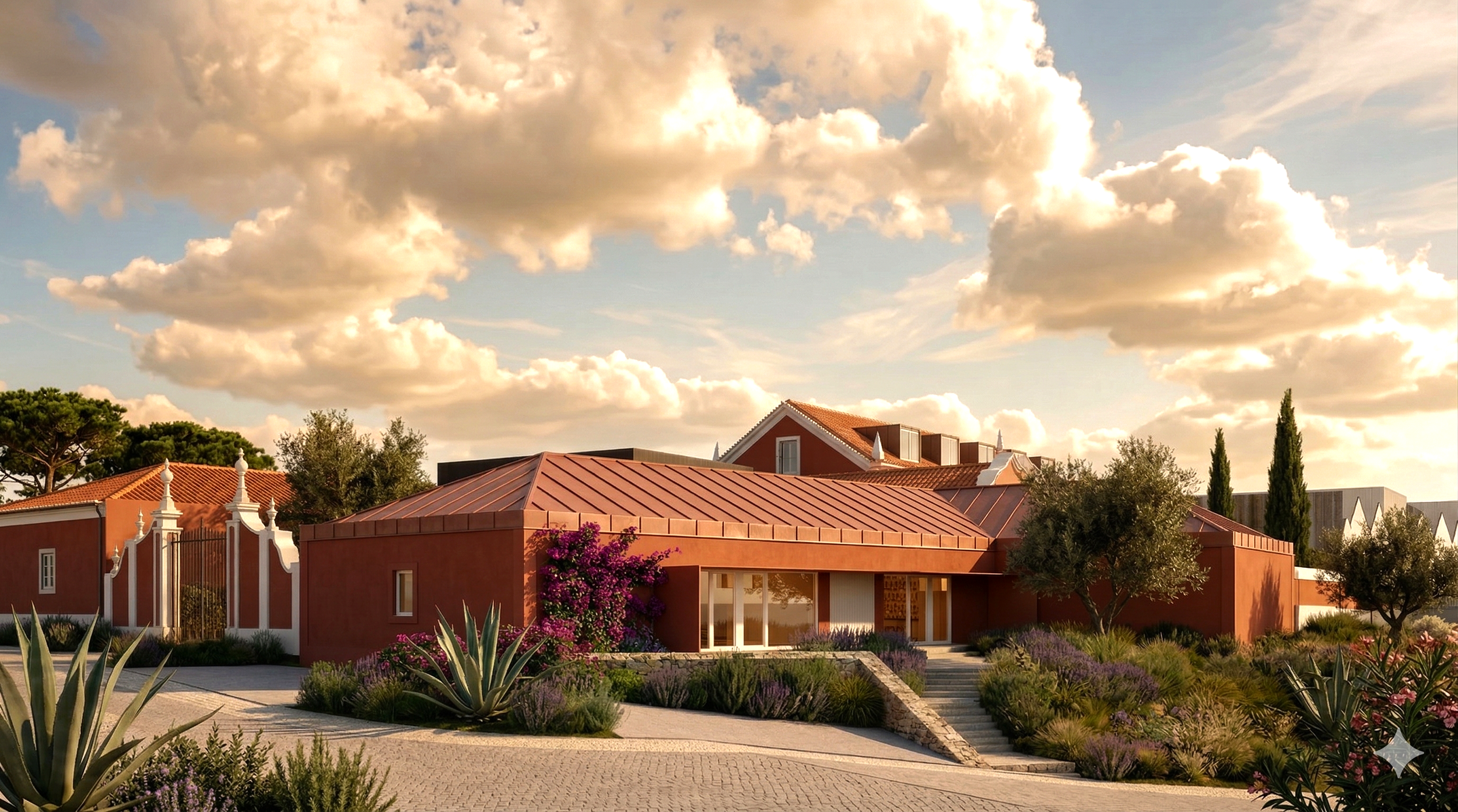 A residential neighborhood with modern houses, lush greenery, purple flowers, and a pathway, under a partly cloudy sky during daytime.