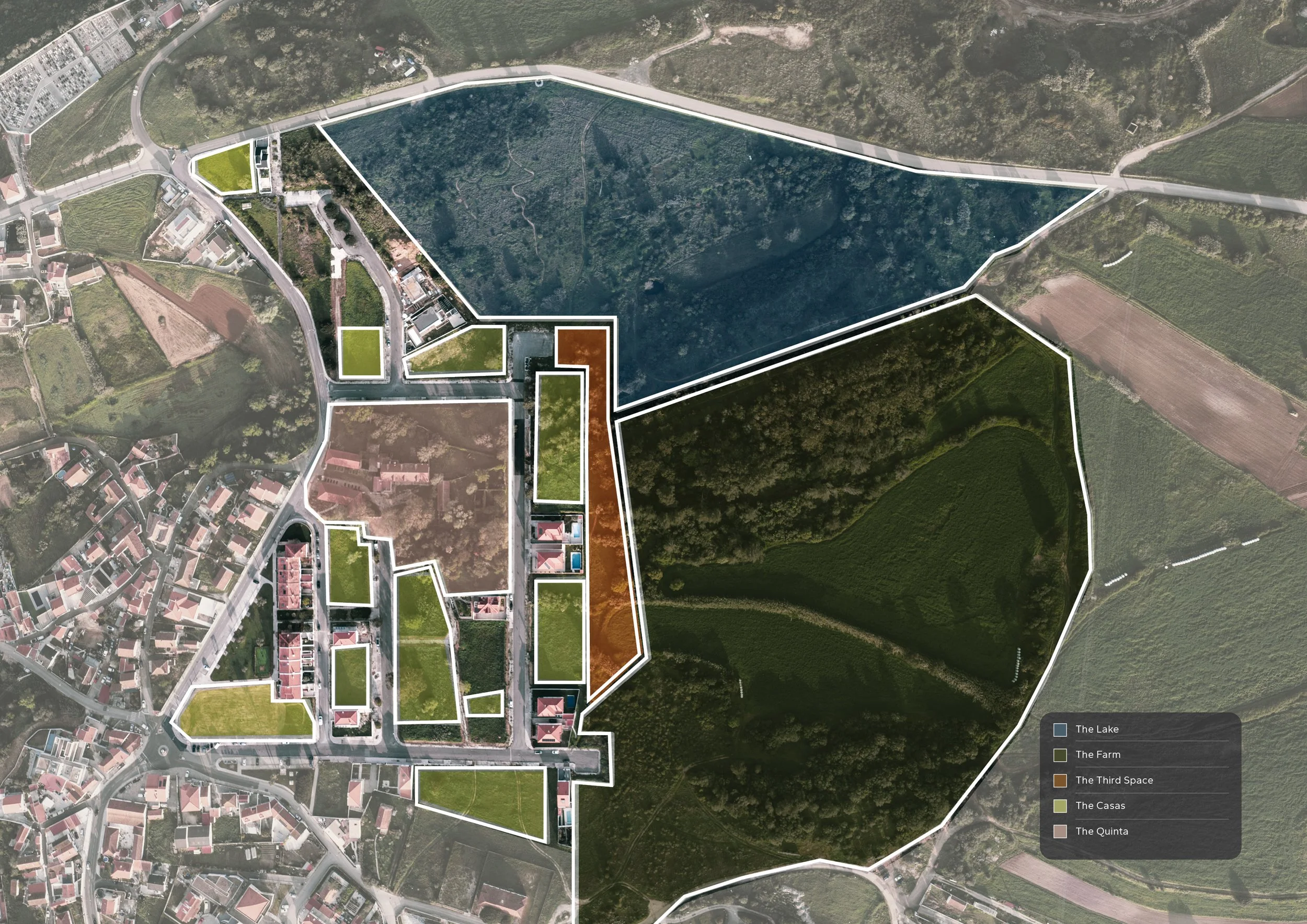 An aerial view of a landscape with various sections annotated and color-coded. The areas include a lake, farms, a third space, casas, and aquinta, marked with different colors and white outlines.