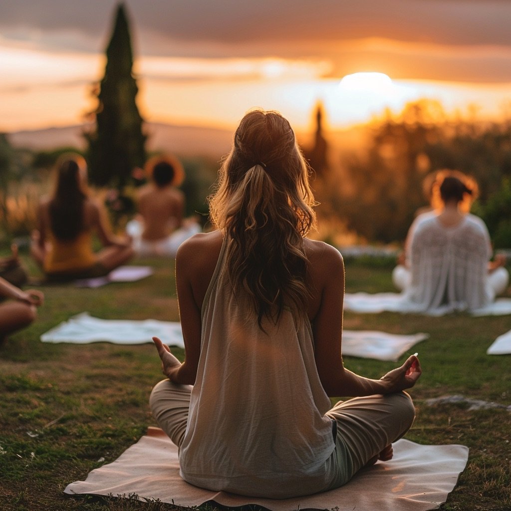 Group of people participating in outdoor yoga or meditation session during sunset, sitting cross-legged on mats in a peaceful setting.