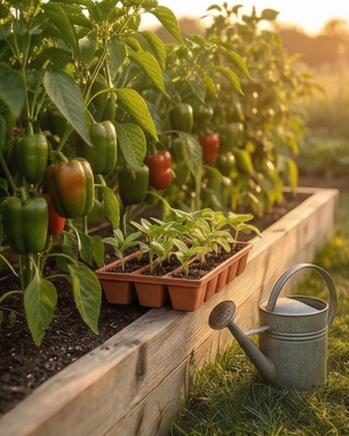 A garden bed with green and red bell peppers growing, along with small seedlings in a tray. There is a gray watering can nearby, and the photo is taken during sunset or golden hour, creating a warm glow.