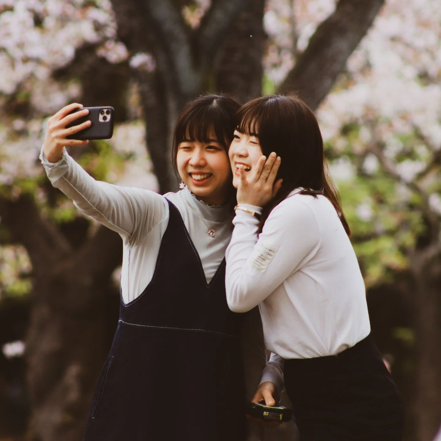 Two young women take a selfie together outdoors under blooming cherry blossom trees, smiling and sharing a joyful moment.