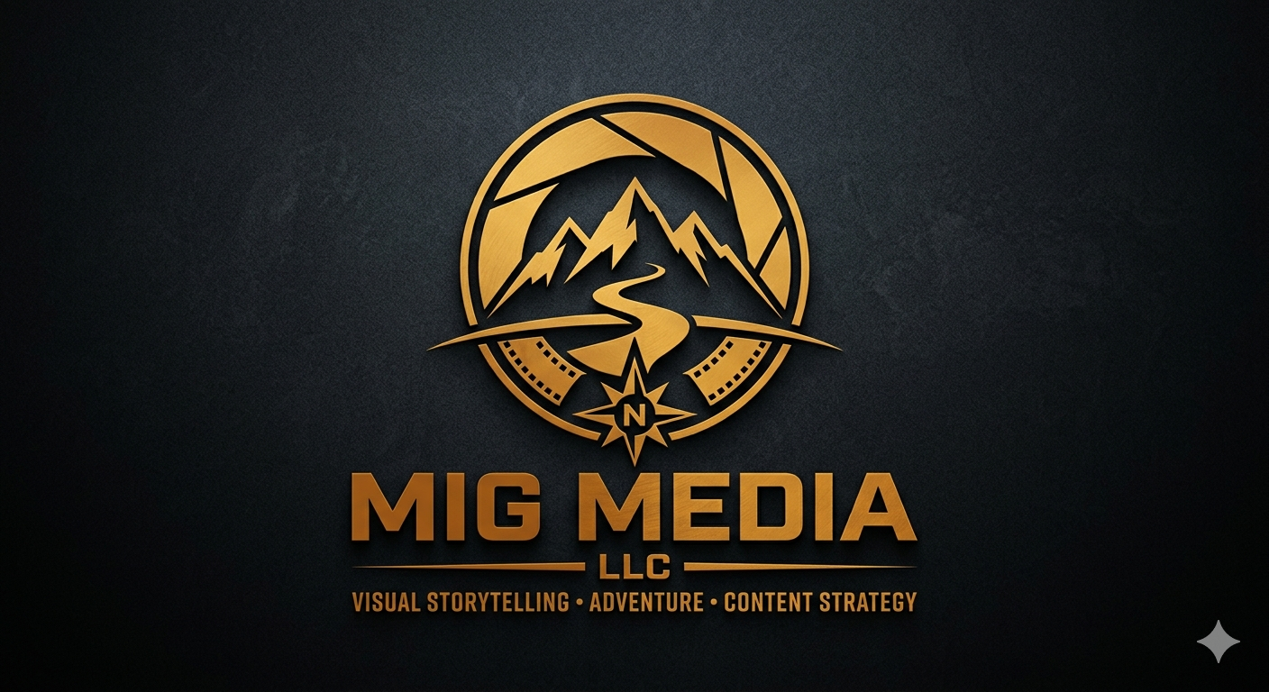 Logo for MIG Media LLC featuring a gold and black mountain and road design with a compass. Tagline reads: 'Visual Storytelling, Adventure, Content Strategy.'