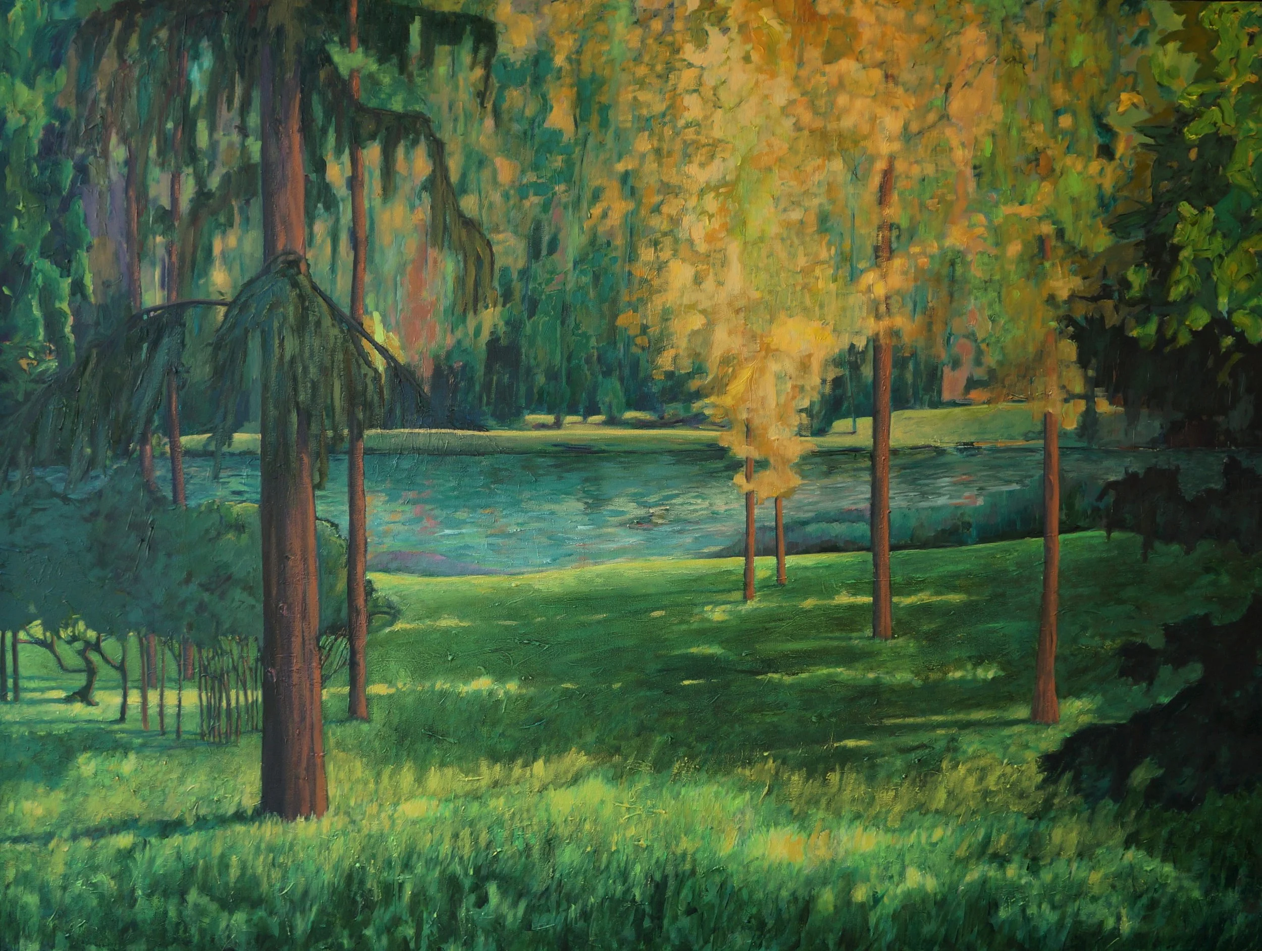 A landscape painting of a lush green area with several trees, a pond in the background, and sunlight filtering through the foliage.