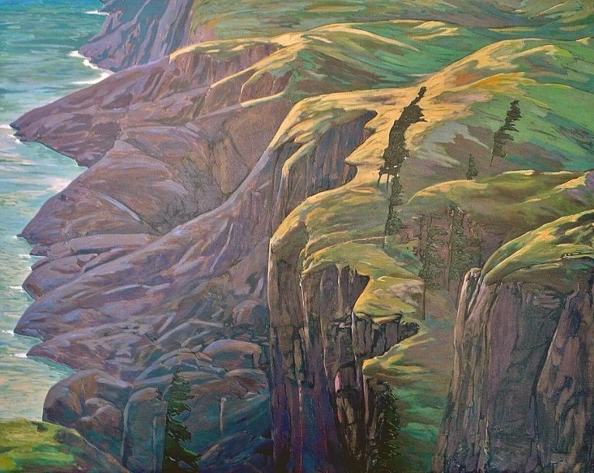 A painting of rugged cliffs with green grassy tops and tall trees, next to a body of water.