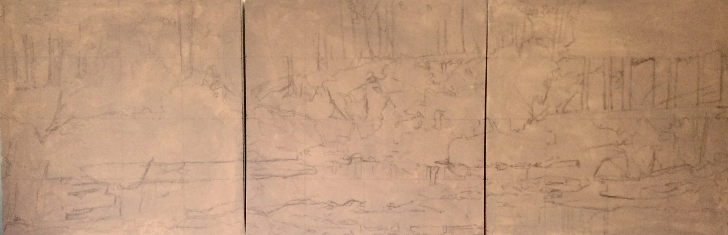 A photorealistic drawing of a cityscape with buildings, trees, and a body of water, rendered in light pencil lines on a wooden surface.