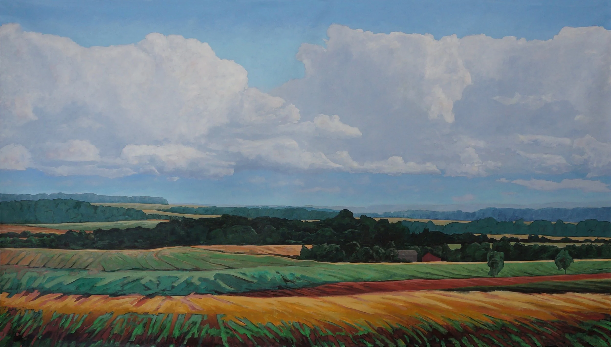 Painting of a vast rural landscape with green and golden fields, dark green trees, and a partly cloudy sky.