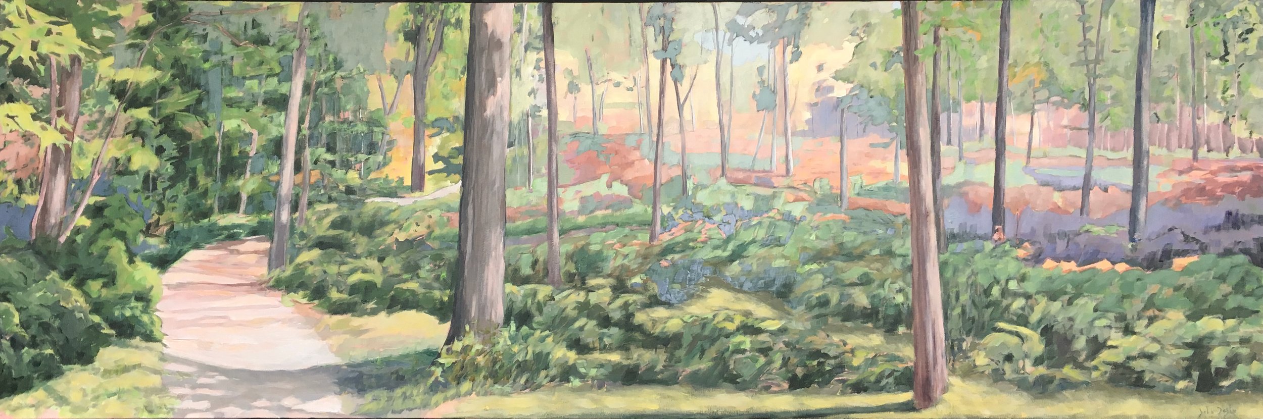 A painting of a wooded forest trail with trees, green foliage, and sunlight filtering through the branches.