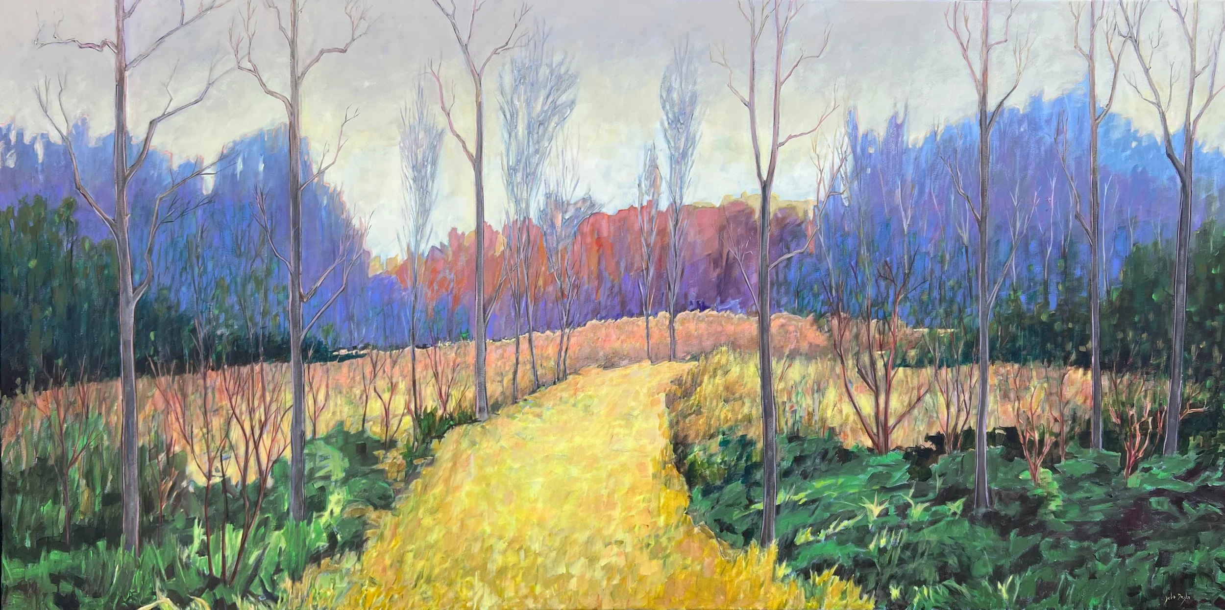 Colorful landscape painting of a pathway through a forest with mostly leafless trees, rolling hills, and mountains in the background, using vibrant colors and bold brushstrokes.