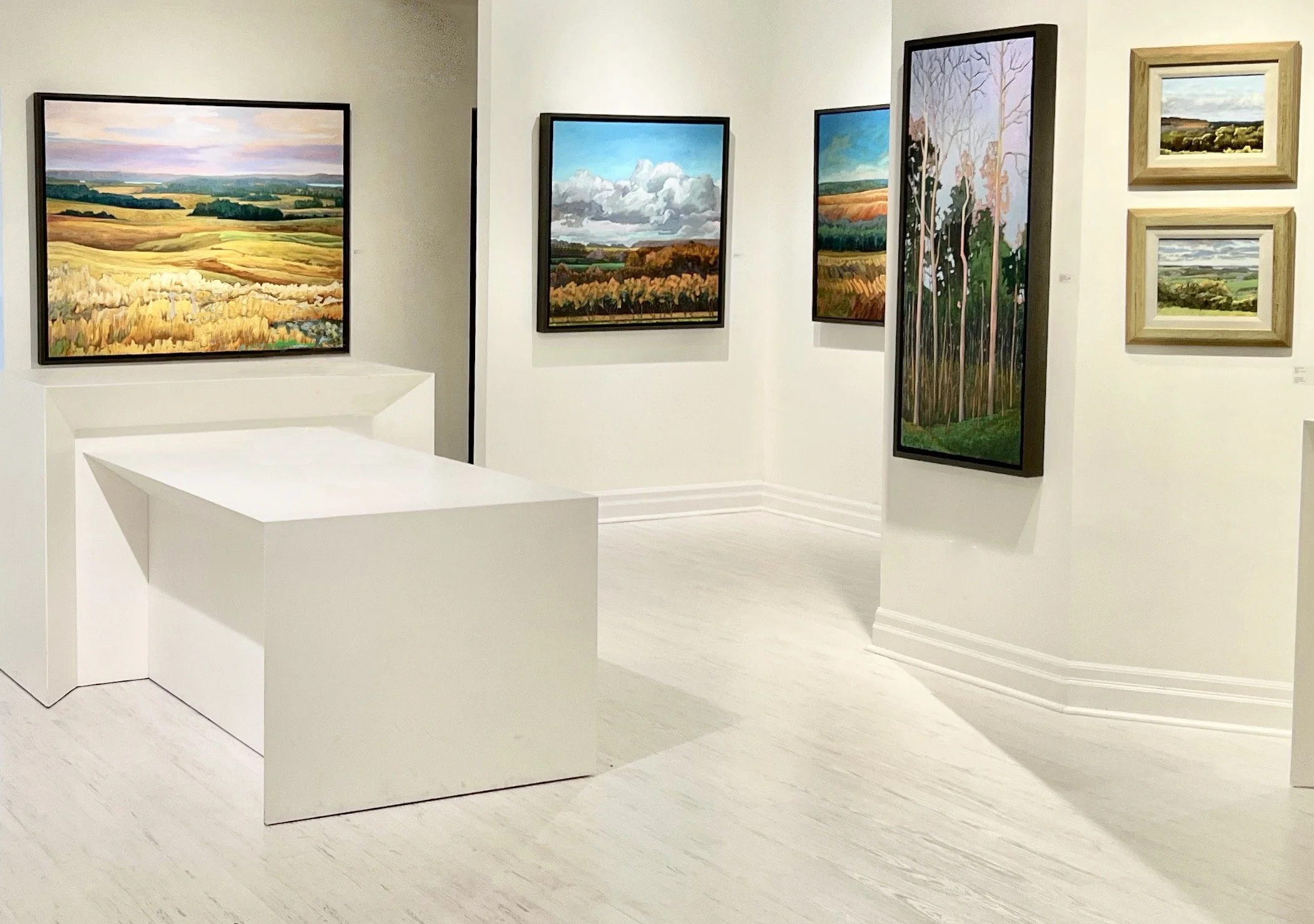 Art gallery with landscape paintings on white walls and white floor, featuring fields, trees, and cloudy skies.