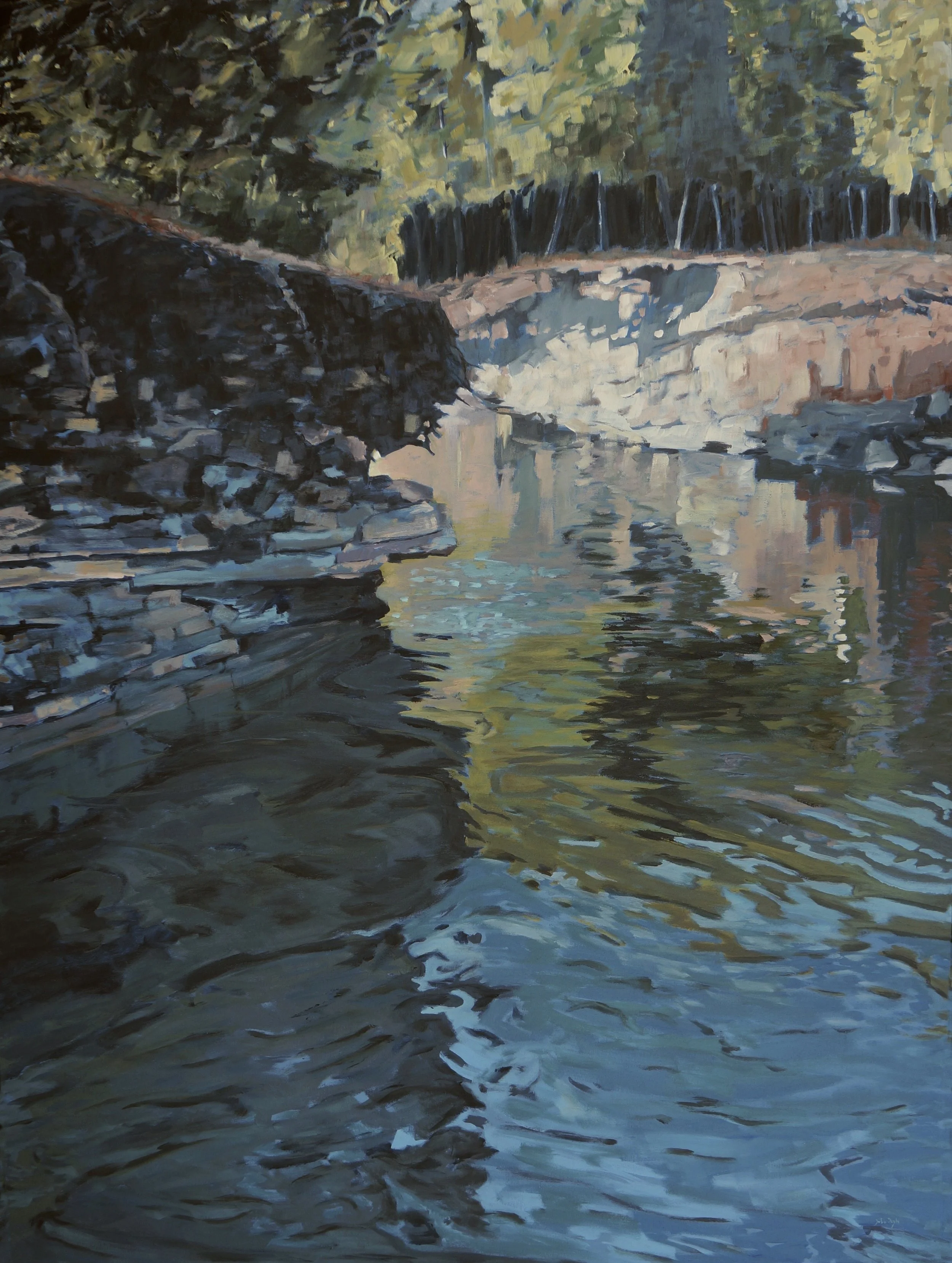 A painting of a river with rocks on the bank and a wooded area in the background, capturing reflections on the water's surface.