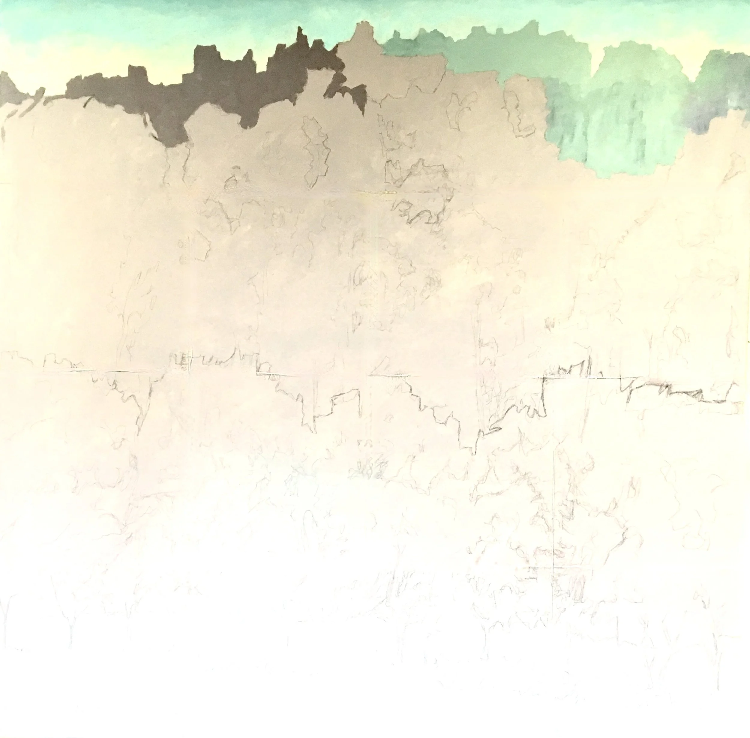 A landscape with mountains at the top, trees in the background, and a body of water or open space at the bottom, depicted in a sketch-like style with light colors.
