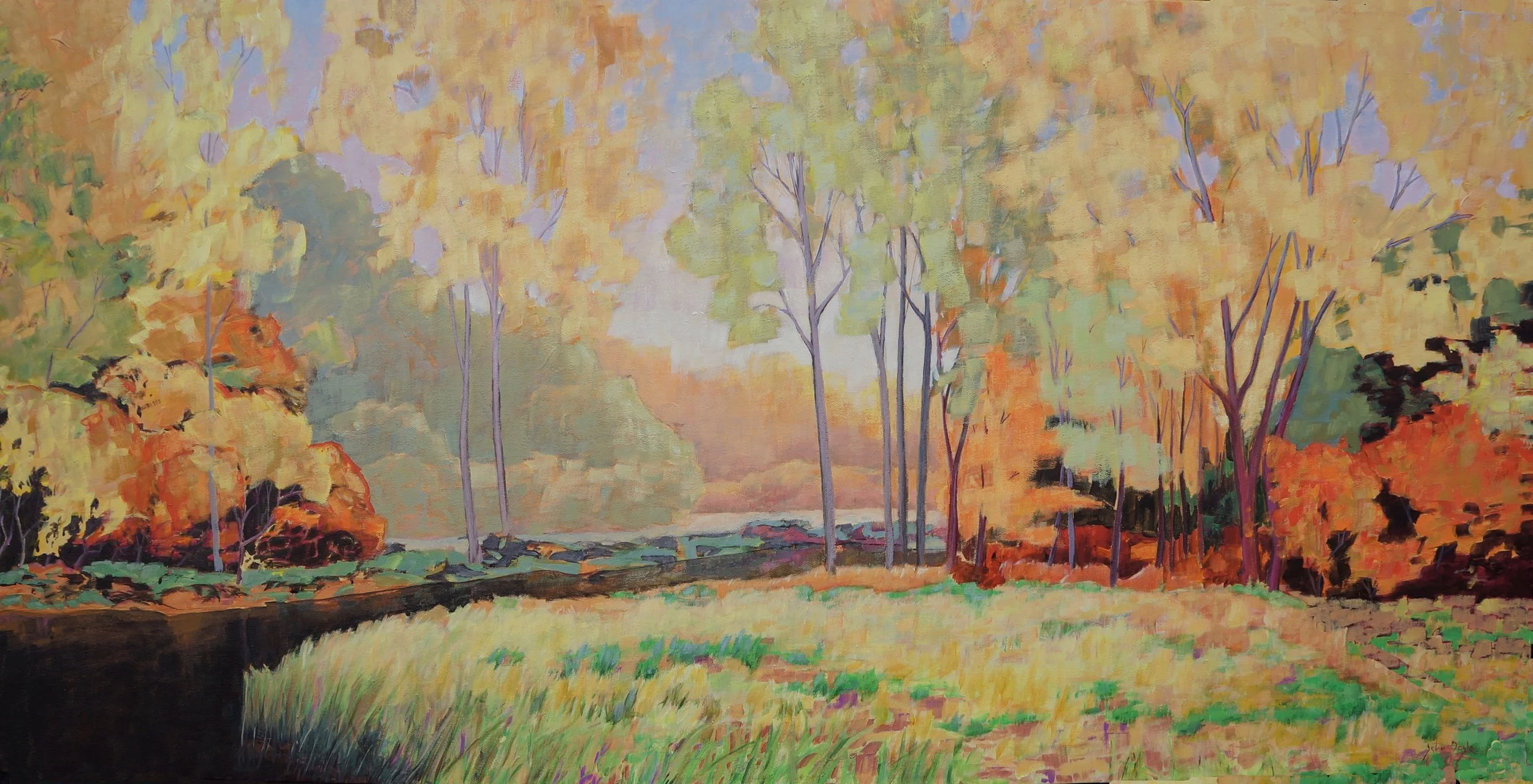 Colorful autumn landscape with trees in fall foliage, a grassy field, and a body of water, painted in an impressionistic style.
