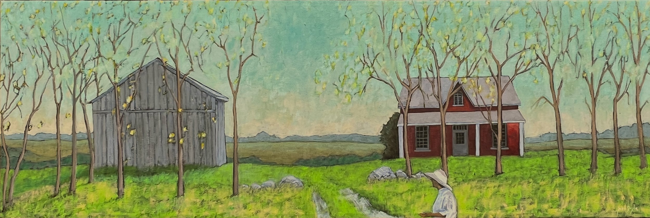 Painting of a rural scene with a woman in a hat reading, surrounded by leafless trees, a red house with a porch, a gray barn, and distant mountains under a blue sky.