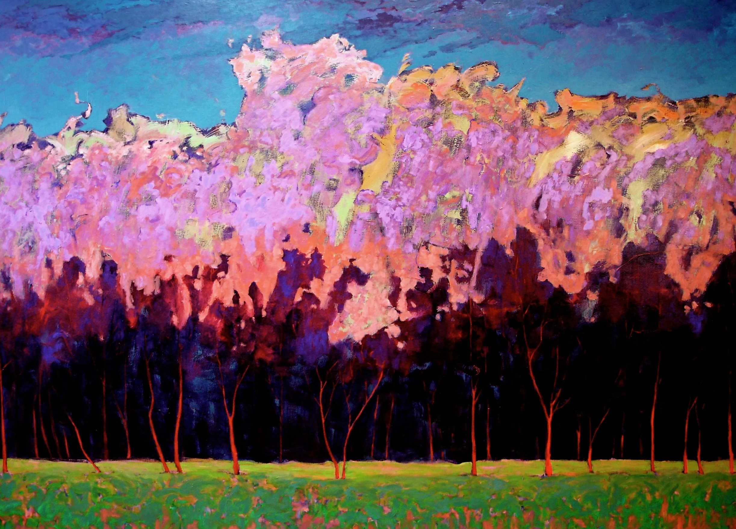 A vibrant painting of pink and purple flowering trees with dark trunks, set against a bright blue sky and a green grassy foreground.