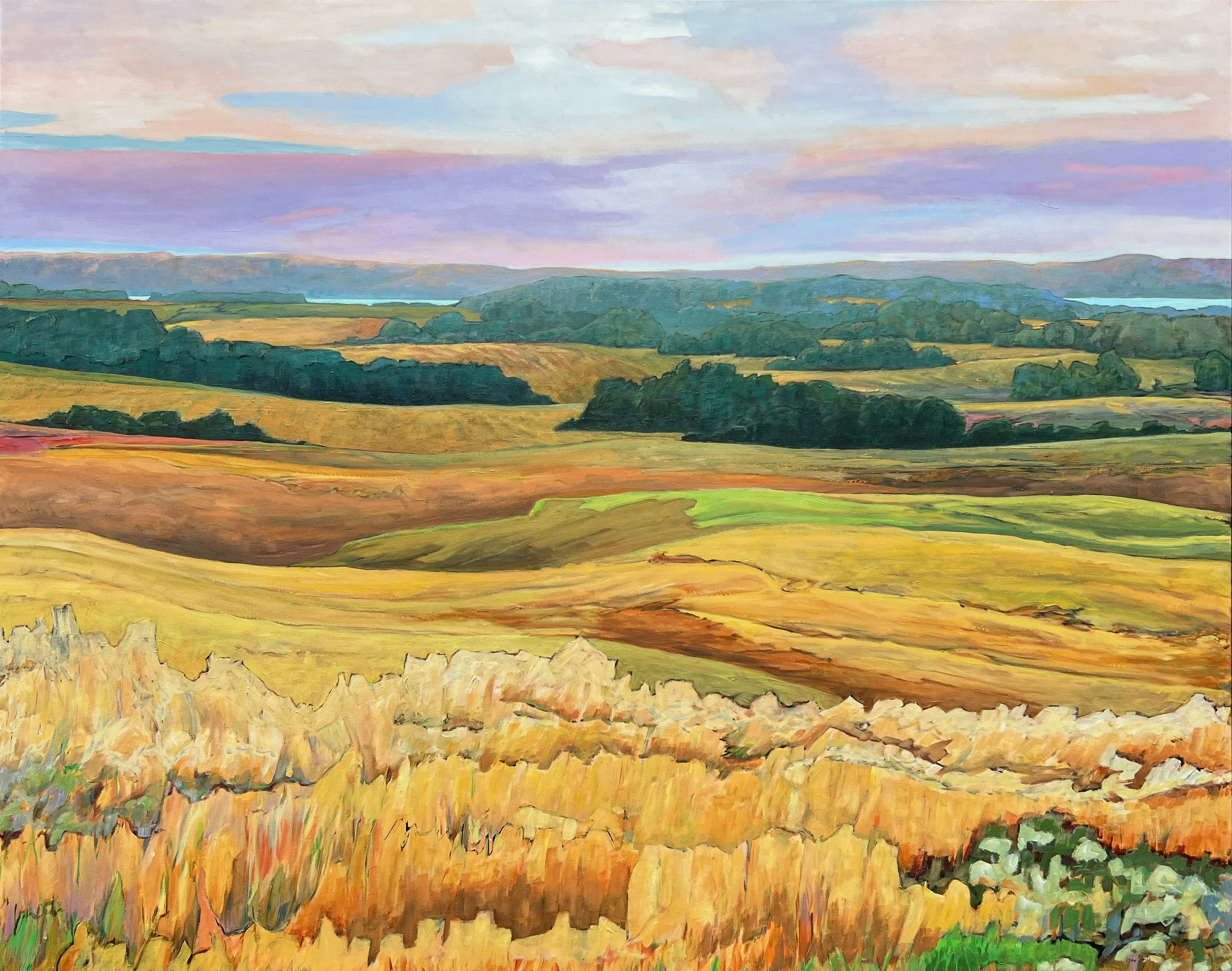 A colorful painting of a landscape with rolling hills, fields, trees, and a cloudy sky.