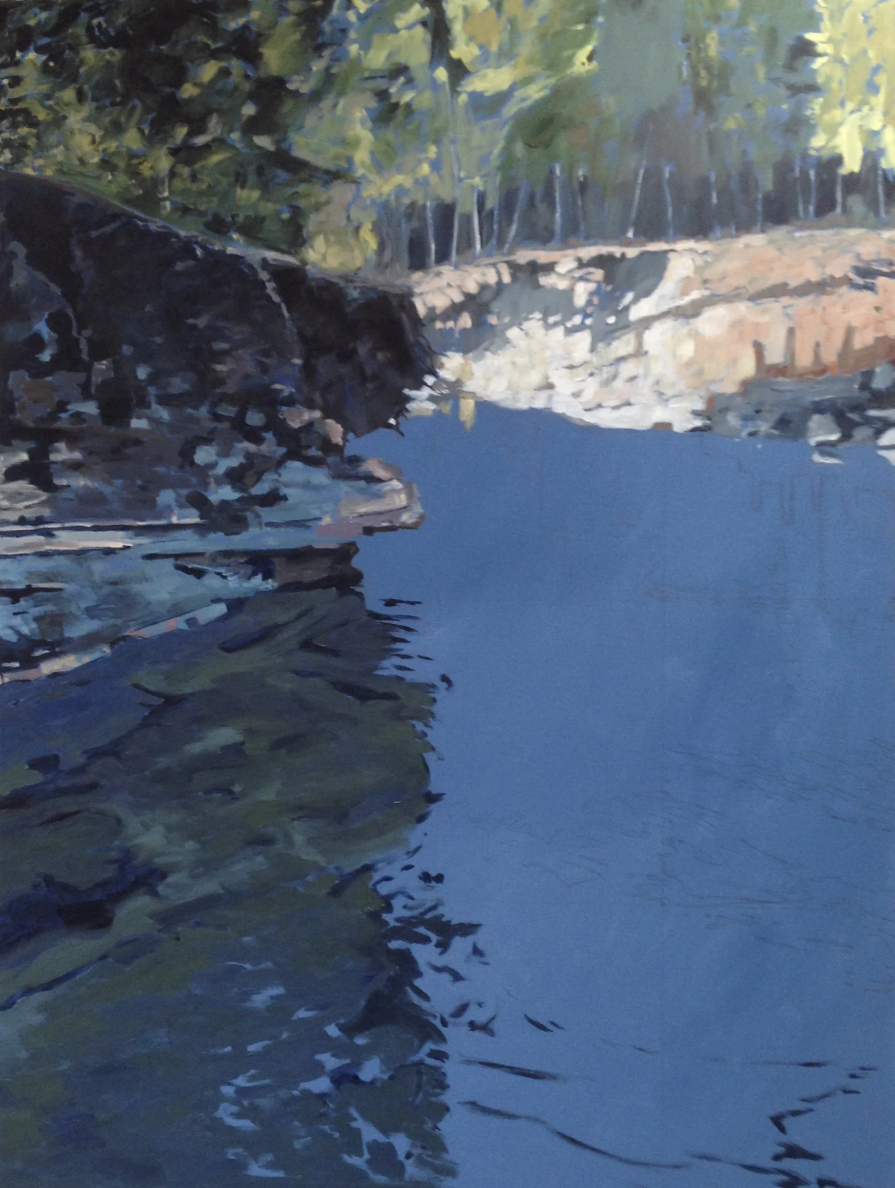 A painting of a body of water with rocks and trees along the shoreline under a clear sky.