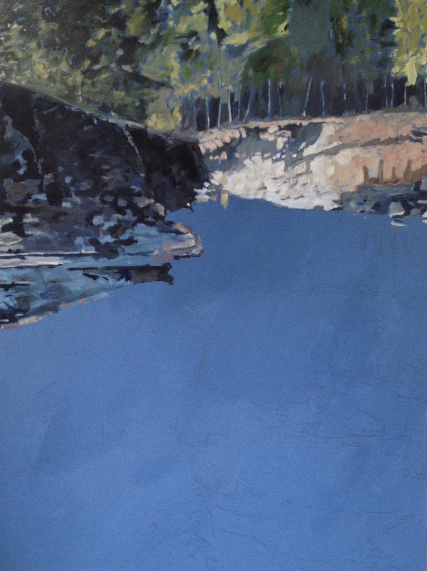 A painting of a river flowing through rocky terrain with trees in the background under a clear blue sky.