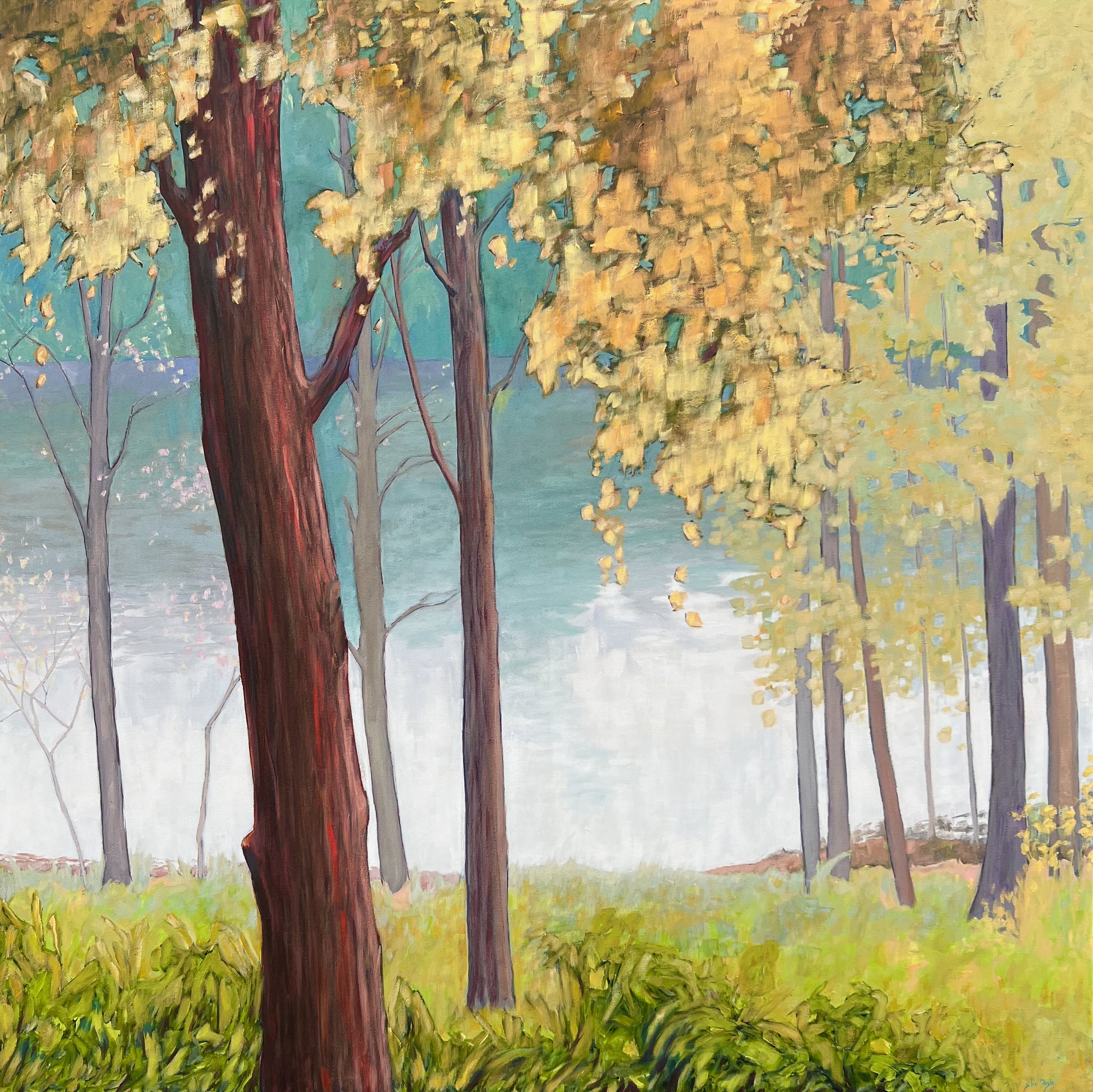 A painting of a forest scene with trees having yellow and orange leaves, green grass, and a blue sky in the background.