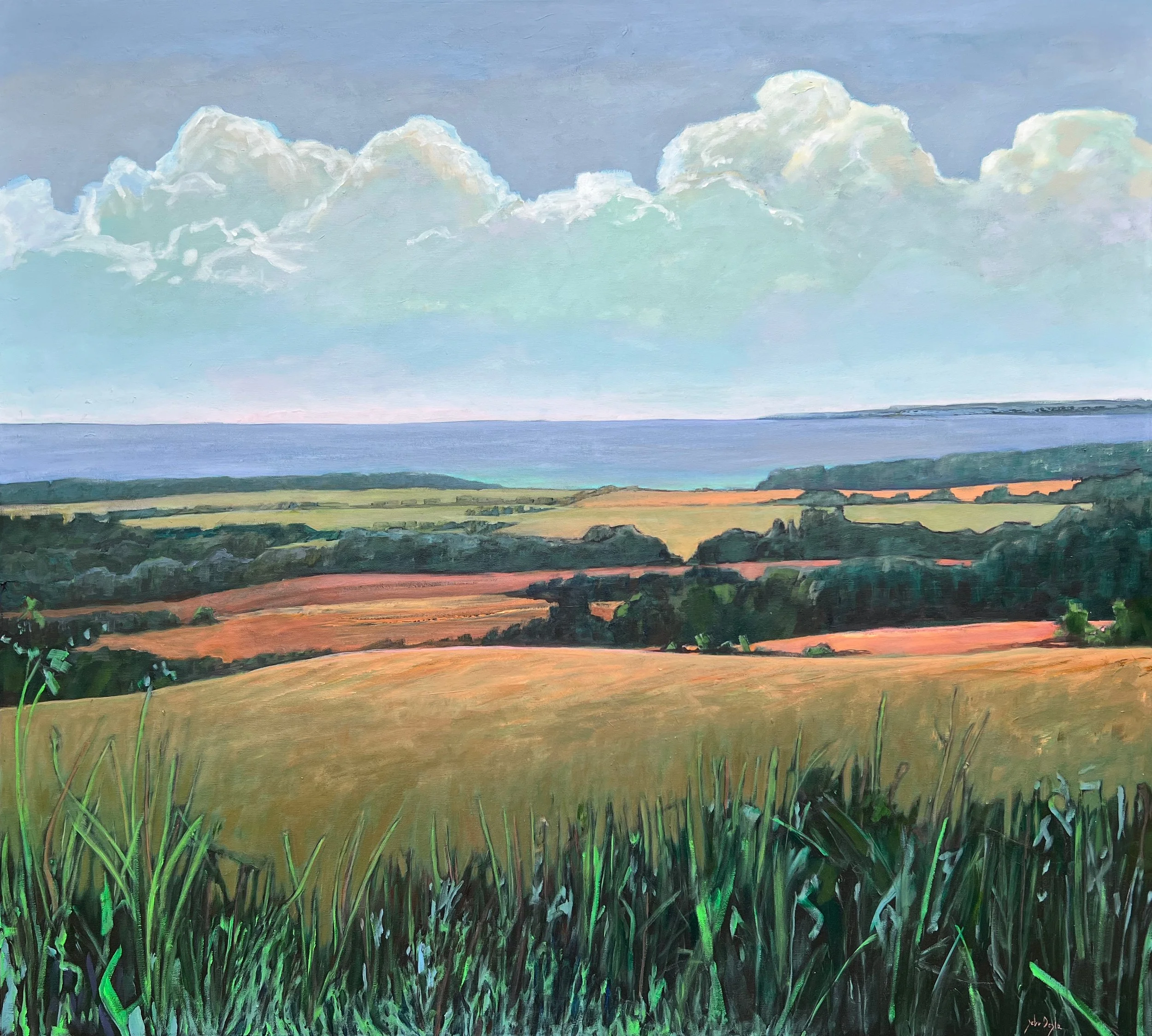 A landscape painting of rolling fields and farmland leading to a large body of water with clouds in the sky.