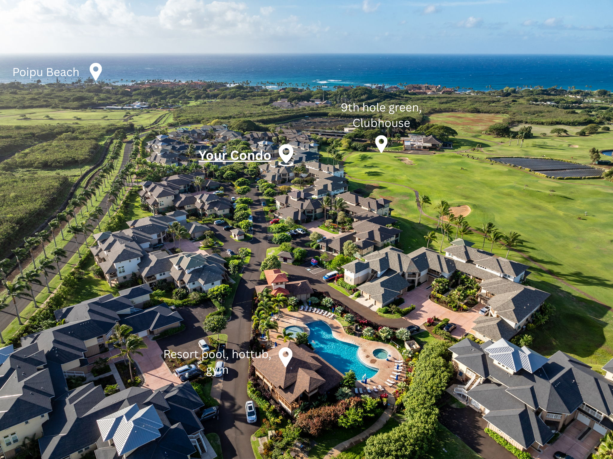 Aerial map showing your condo, the 9th hole green, resort pool, and Poipu Beach
