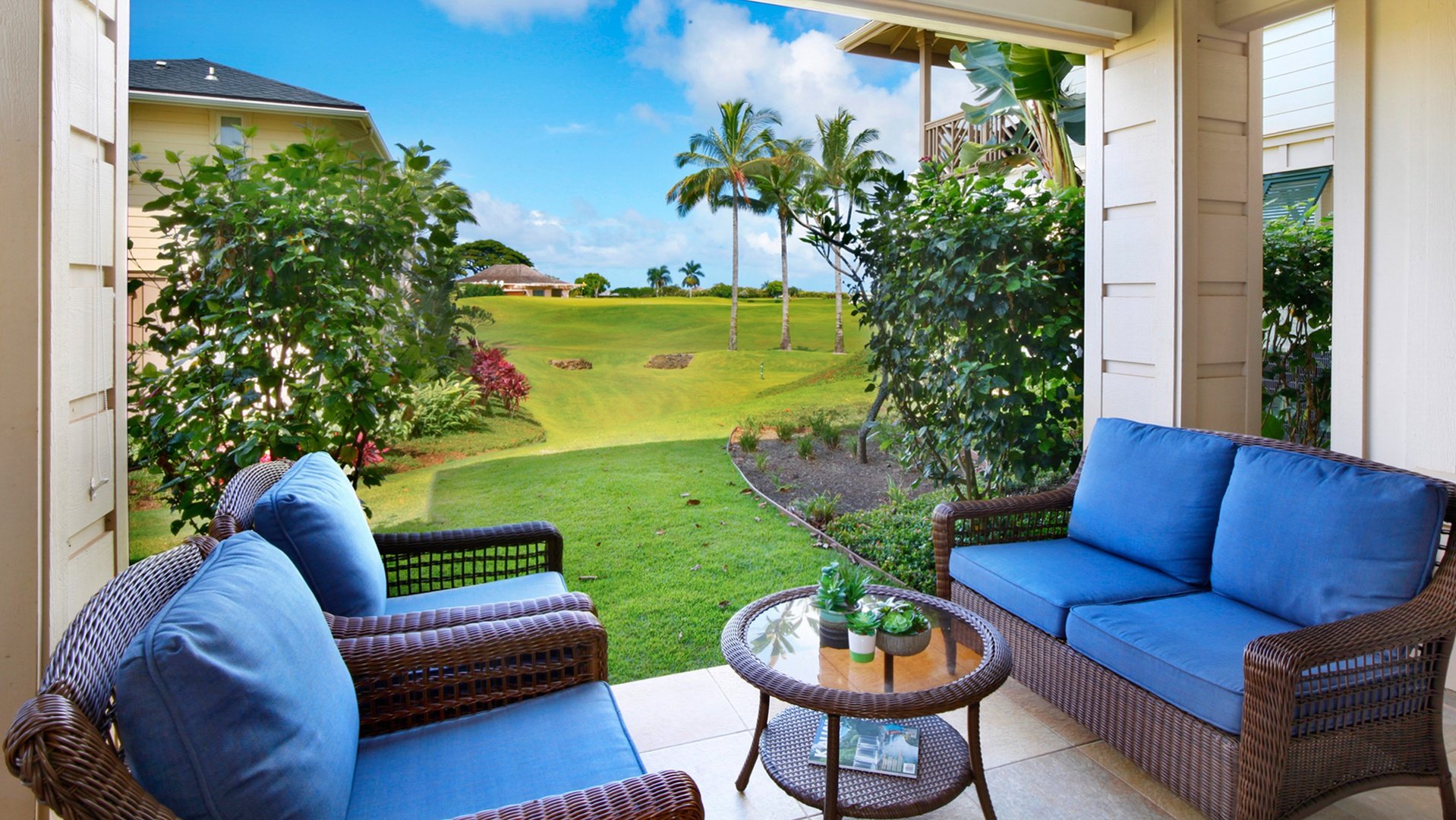 Private lanai with seating and direct access to Kiahuna Golf Course club house and 9th hole green