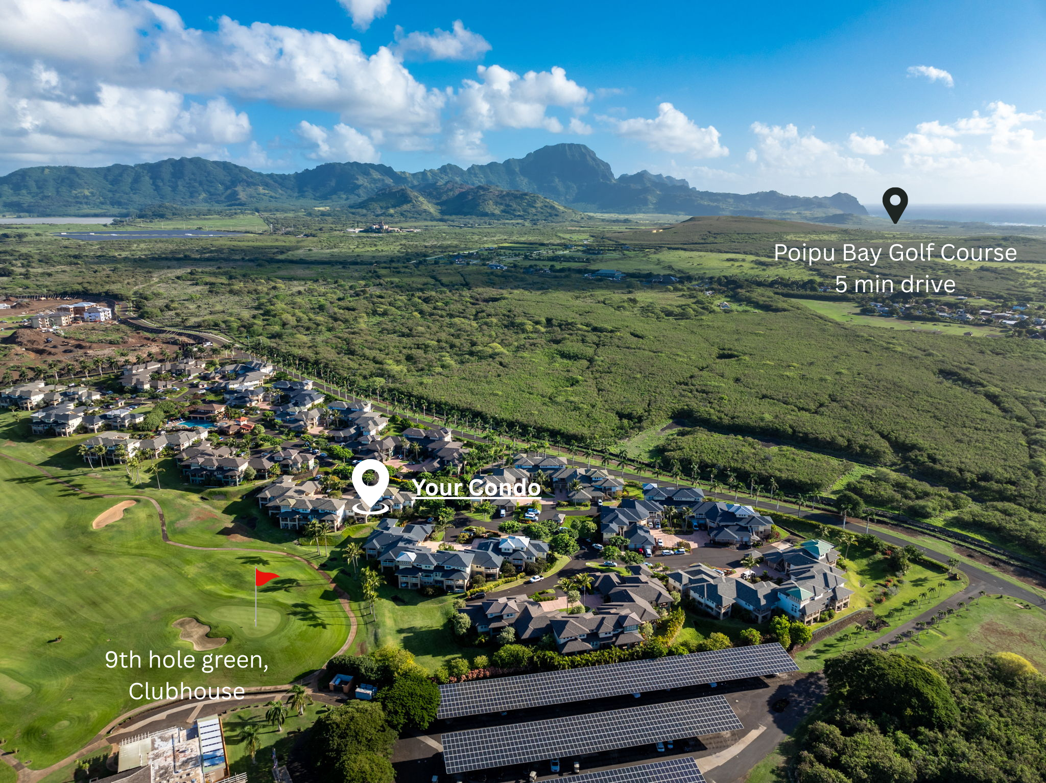Aerial view showing your condo, Kiahuna Golf Course 9th hole green & clubhouse, and Poipu Bay Golf Course — 5 min drive