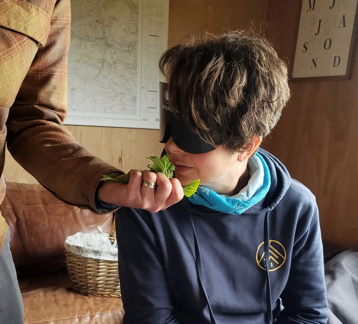 A young person with curly brown hair wearing a blue hoodie and a black sleep mask on their head, smelling a bunch of green leaves held by another person. The background includes a map and an eye chart on a wooden wall.