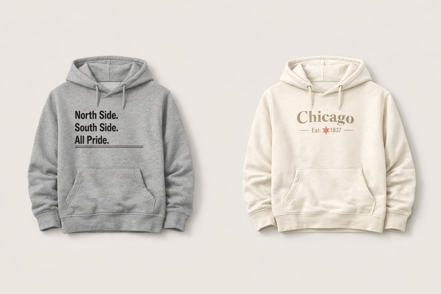 Two sweatshirts with text. On the left is gray sweatshirt that states "North Side. South Side. All Pride." The second is an off-white sweatshirt that has the words Chicago Established 1837. Established is abbreviated.