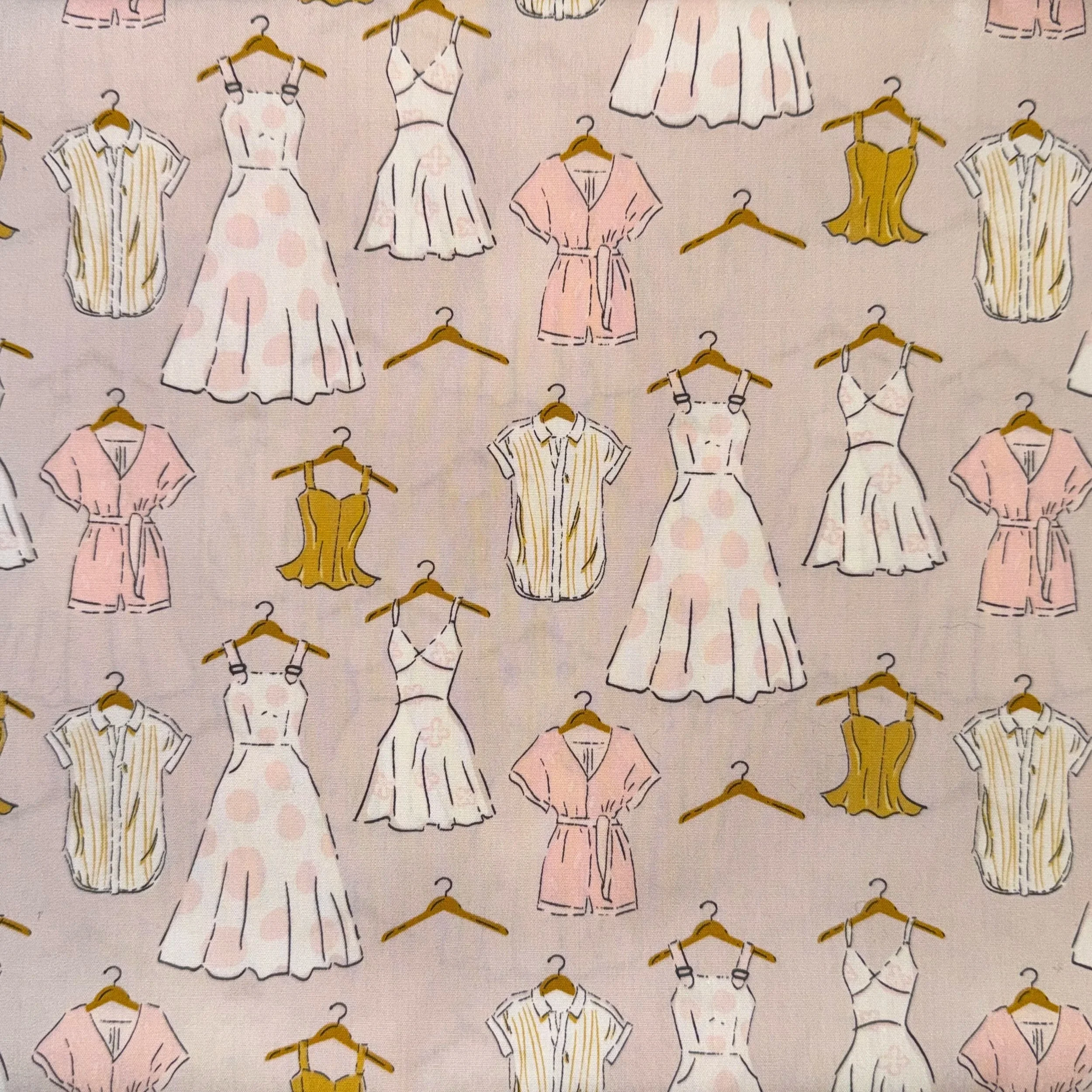 Pattern of various illustrated summer dresses and tops hanging on hangers, including sundresses, rompers, and blouses in pink, mustard yellow, and white colors with different styles and designs.