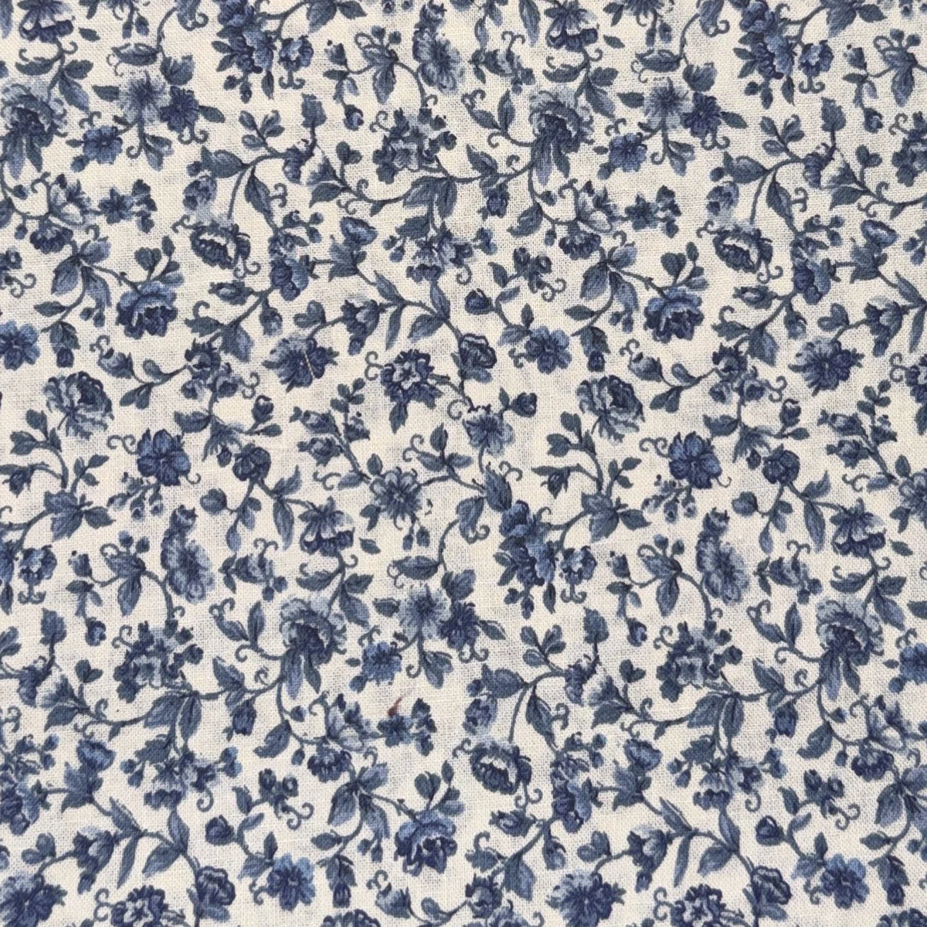 Close-up of a fabric with a blue floral pattern on a white background.